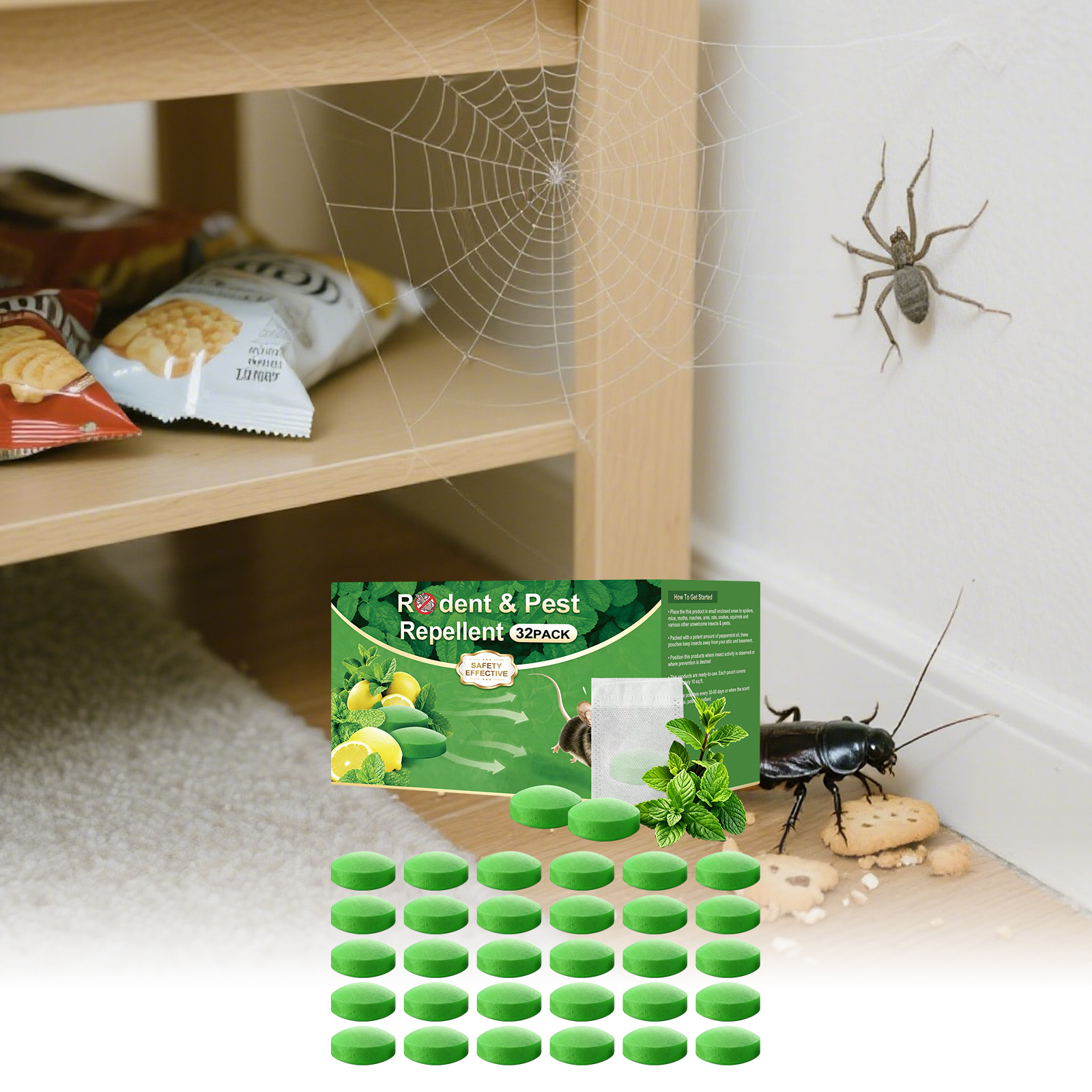 Mäuse- Und Insektenabwehrtabletten, Praktisch Für Den Haushalt, Geeignet Für Drinnen Und Draußen – 32 Abwehrtabletten + 2 Netzbeutel -- Biemmedue