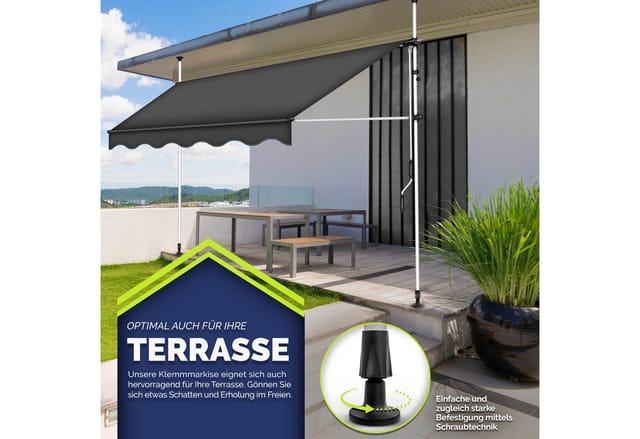 Balkonmarkise 200 cm Grau Gelenkarm Markise Klemmmarkise Sonnenmarkise Balkon ohne Bohren - Tillvex