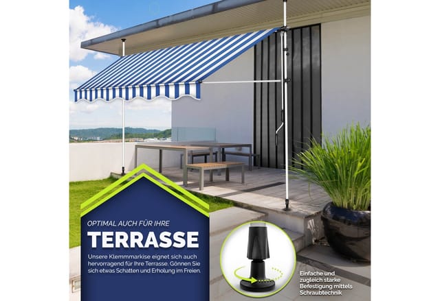 Balkonmarkise 250 cm Blau/Weiß Gelenkarm Markise Klemmmarkise Sonnenmarkise Balkon ohne Bohren - Tillvex