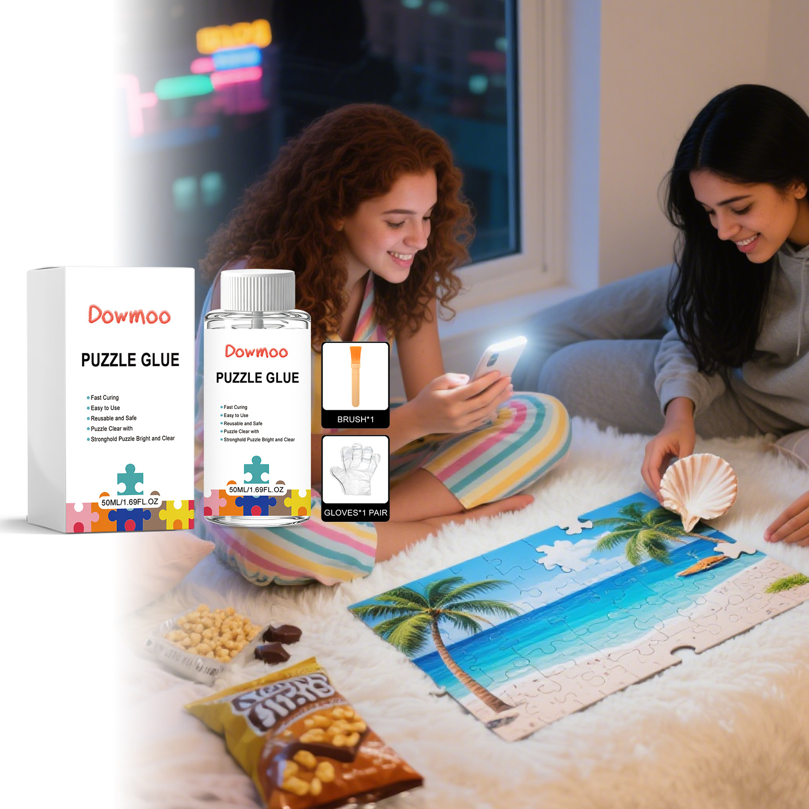 Puzzlekleber, Ideal Für Diy-puzzles. Gleichmäßig Aufzutragen Und Verhindert Vergilbung. Einfache Anwendung. – 50 Ml + 1 Paar Handschuhe + 1 Pinsel -- Biemmedue