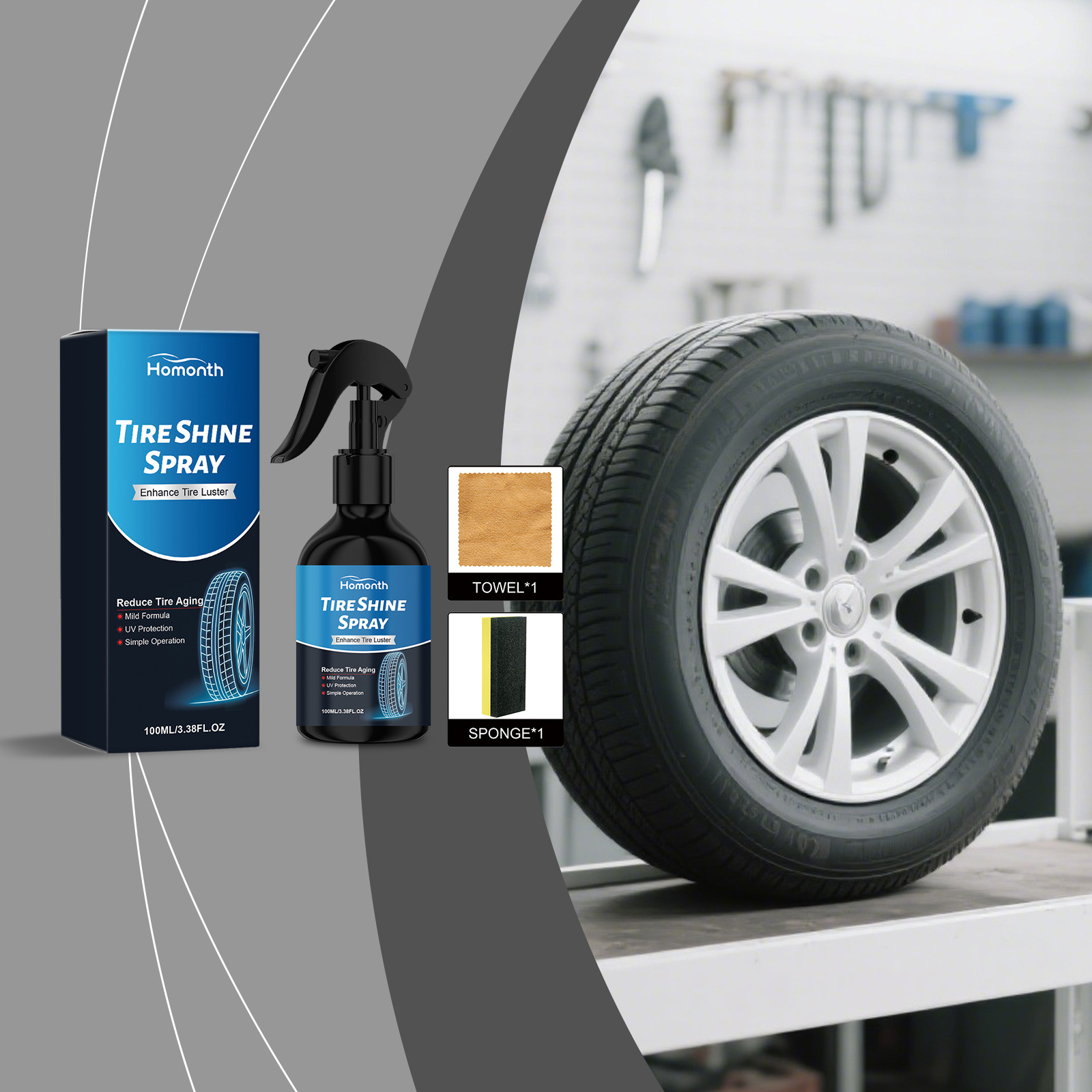 Reifenglanzspray Für Die Tägliche Reinigung, Politur Und Aufbereitung Von Autoreifen – 100 Ml + Schwamm + Tuch -- Biemmedue