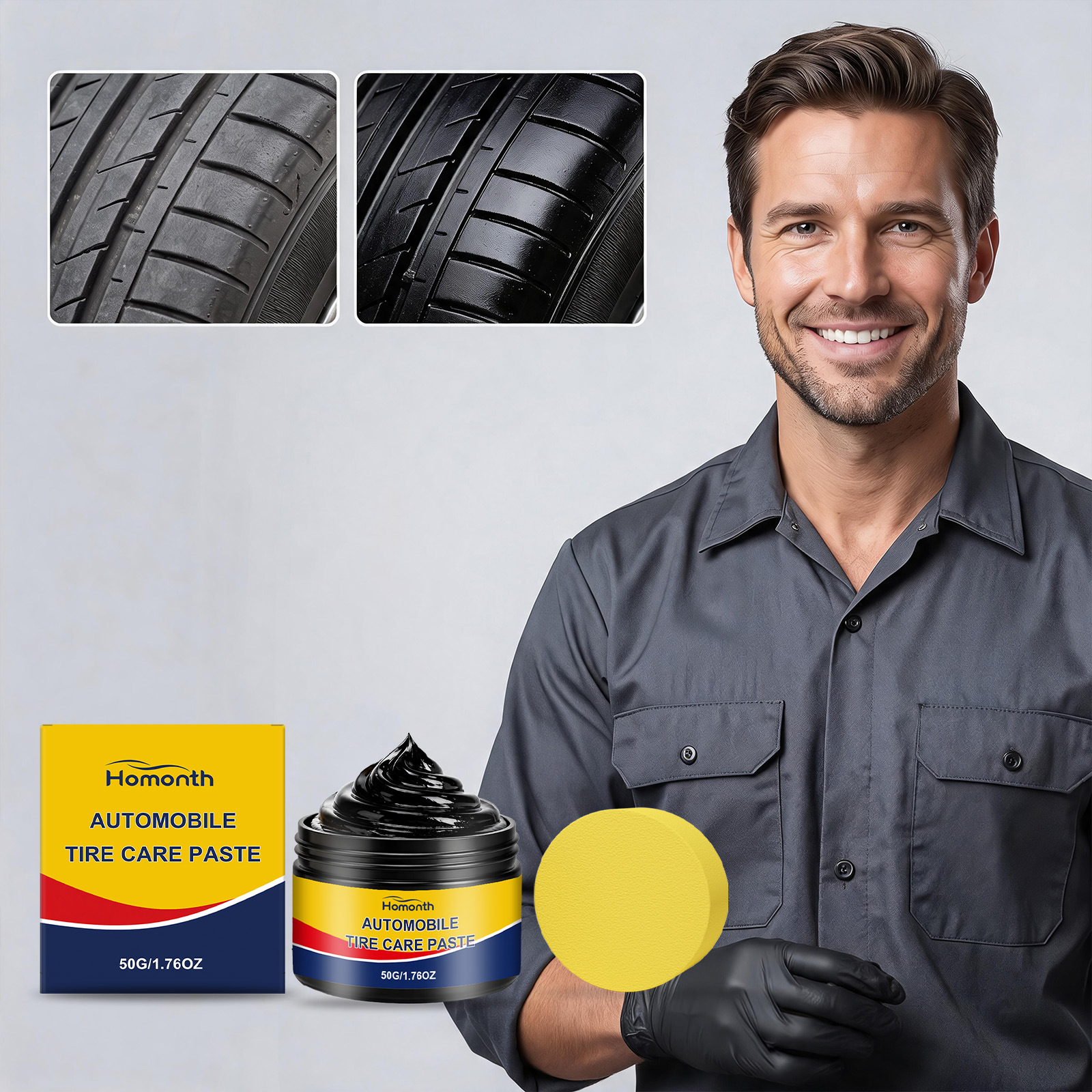 Reifenpflegecreme Für Die Tägliche Reinigung, Aufbereitung, Pflege, Aufhellung Und Fleckenentfernung Von Autoreifen – 50 G Creme1, Schwamm1 -- Biemmedue