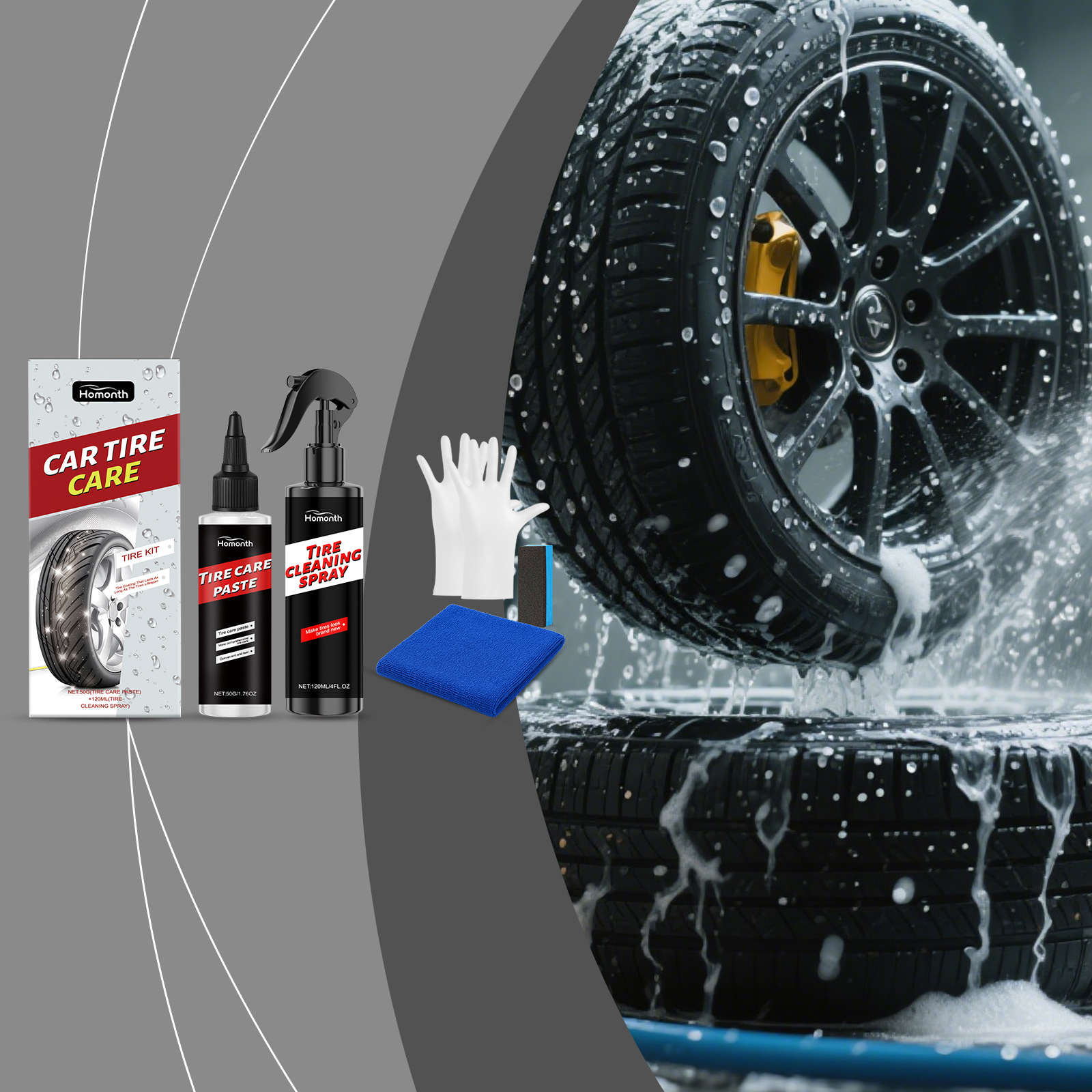 Reifenpflegeset Für Die Tägliche Reinigung, Fleckenentfernung Und Staubfreie Reifenreinigung – Reifenreinigungsspray: 120 Ml, Reifenpflegecreme: 50 G, Handschuhe (1 Paar), Blauer Schwamm, Blaues Tuch