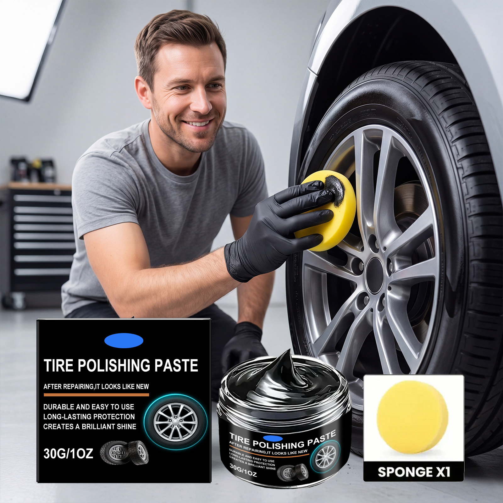Reifenpolierpaste Für Die Tägliche Autoreifenpflege, Oberflächenaufhellung, Reinigung Und Fleckenentfernung – 30 G × 1 + Schwamm × 1 -- Biemmedue