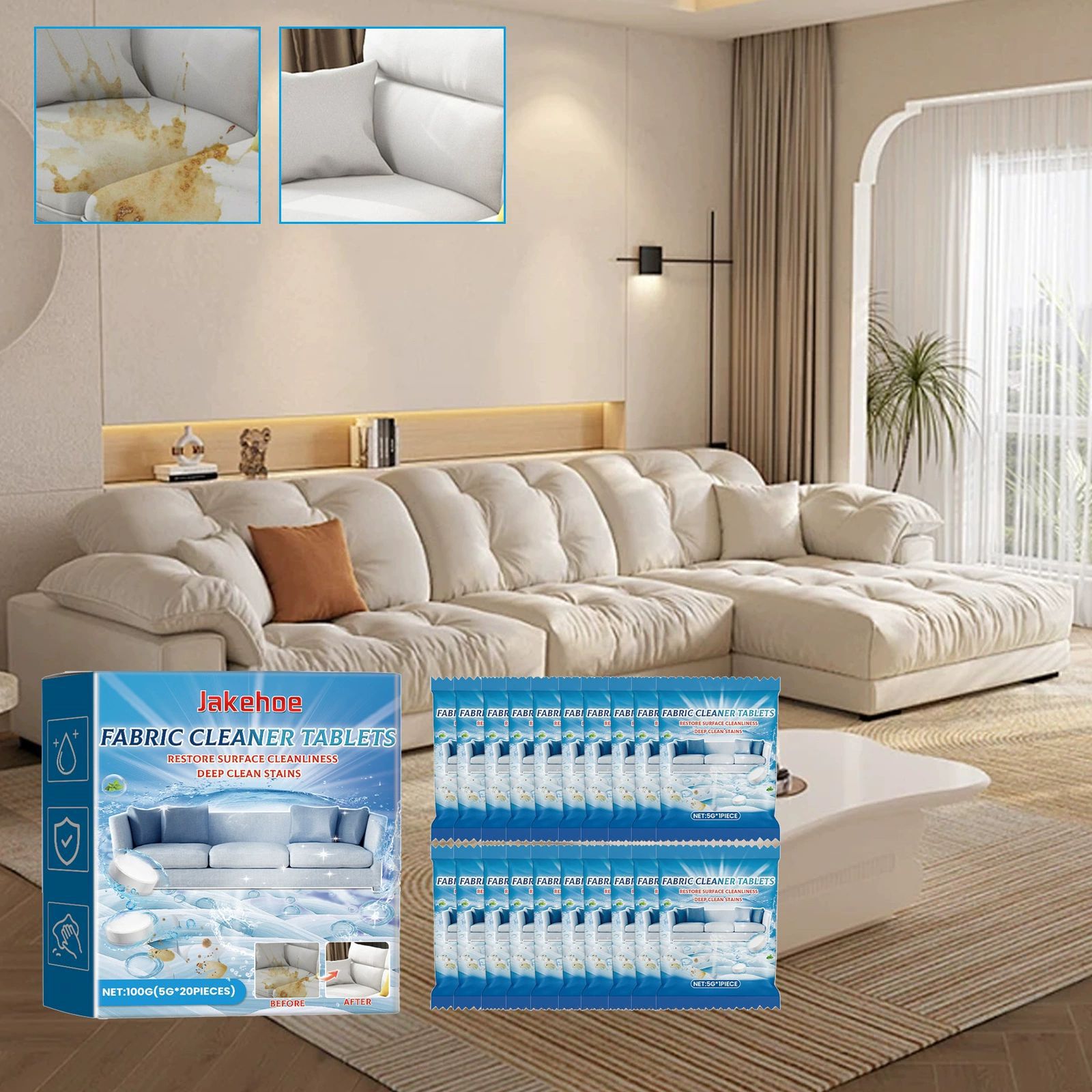 Reinigungstabletten Für Stoffsofas, Tiefenreinigungsmatten Für Fußmatten, Sofatischdecken, Multifunktionale, Konzentrierte Brausetabletten – 100 G (5 G 20 Stück) -- Biemmedue