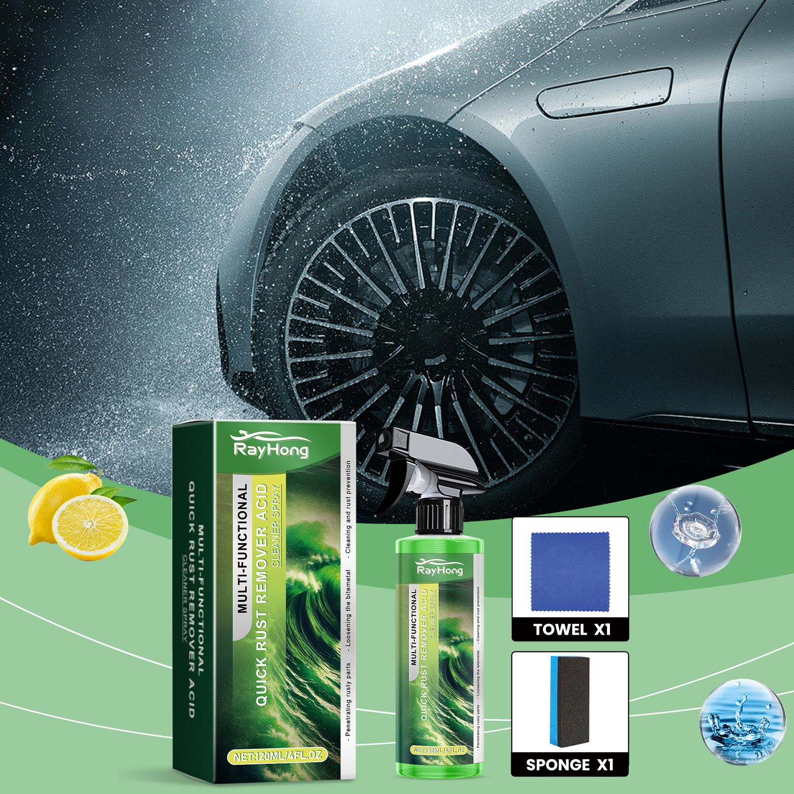 Rostentferner Für Autos, Lackschutz, Reinigung, Fleckenentfernung, Rostentfernung, Langzeitschutz, Glanzverstärkendes Rostentfernungsspray – 120 Ml + 1 Blauer Quadratischer Schwamm, 1 Blaues Quadratis