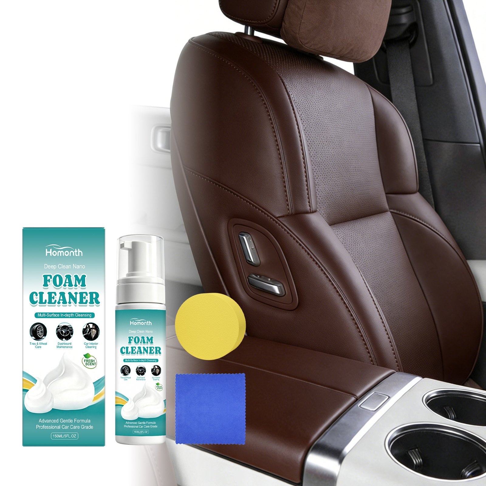 Schaumreiniger Zur Reinigung Und Fleckenentfernung Auf Ledersitzen Und Armaturenbrettern Im Auto – 150 Ml Reiniger, 1 Tuch, 1 Schwamm -- Biemmedue
