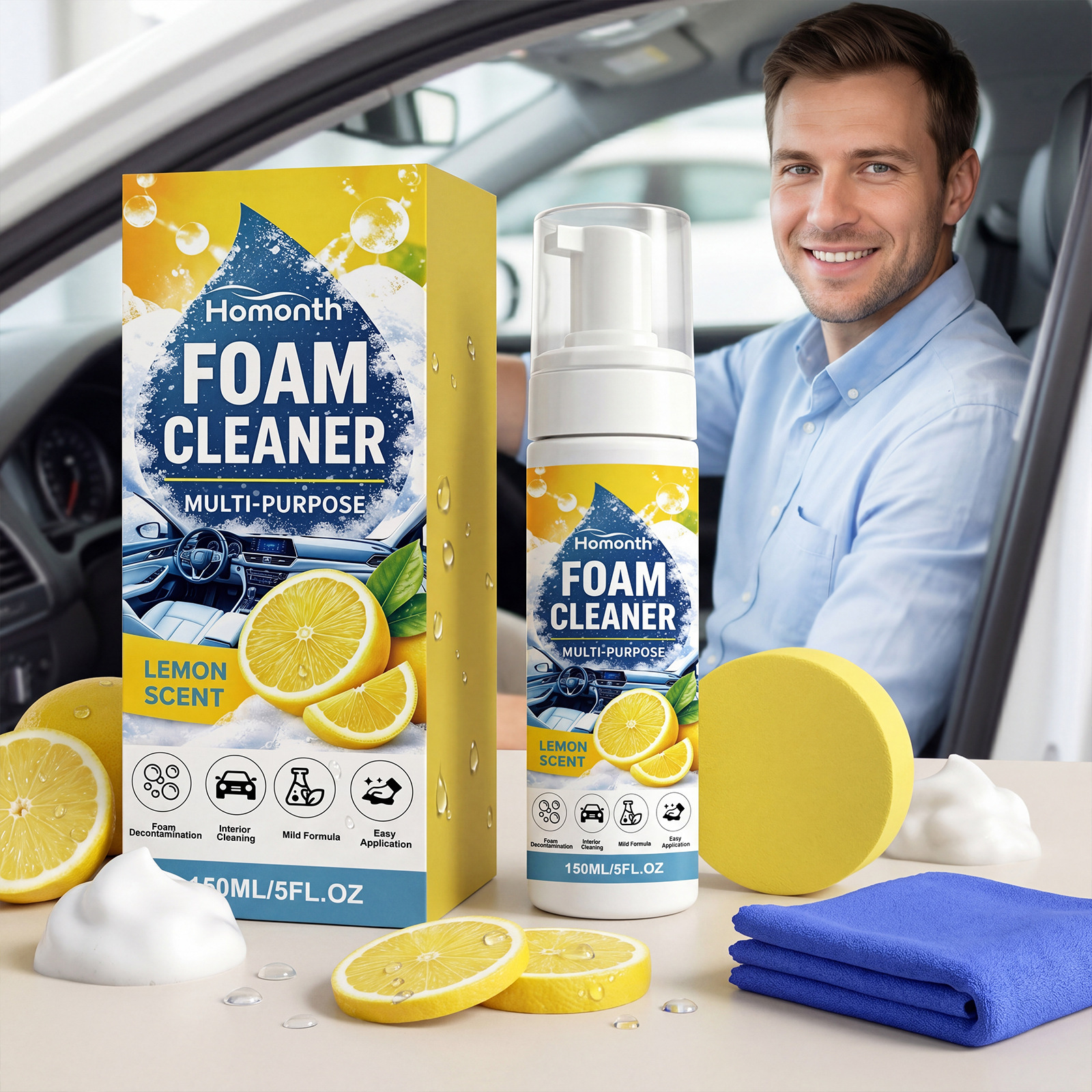 Schaumreinigungsset Für Autositze Aus Leder: Reinigung, Fleckenentfernung, Aufhellung, Pflege Und Aufbereitung – Reiniger 150 Ml + Schwamm1 + Handtuch1 -- Biemmedue