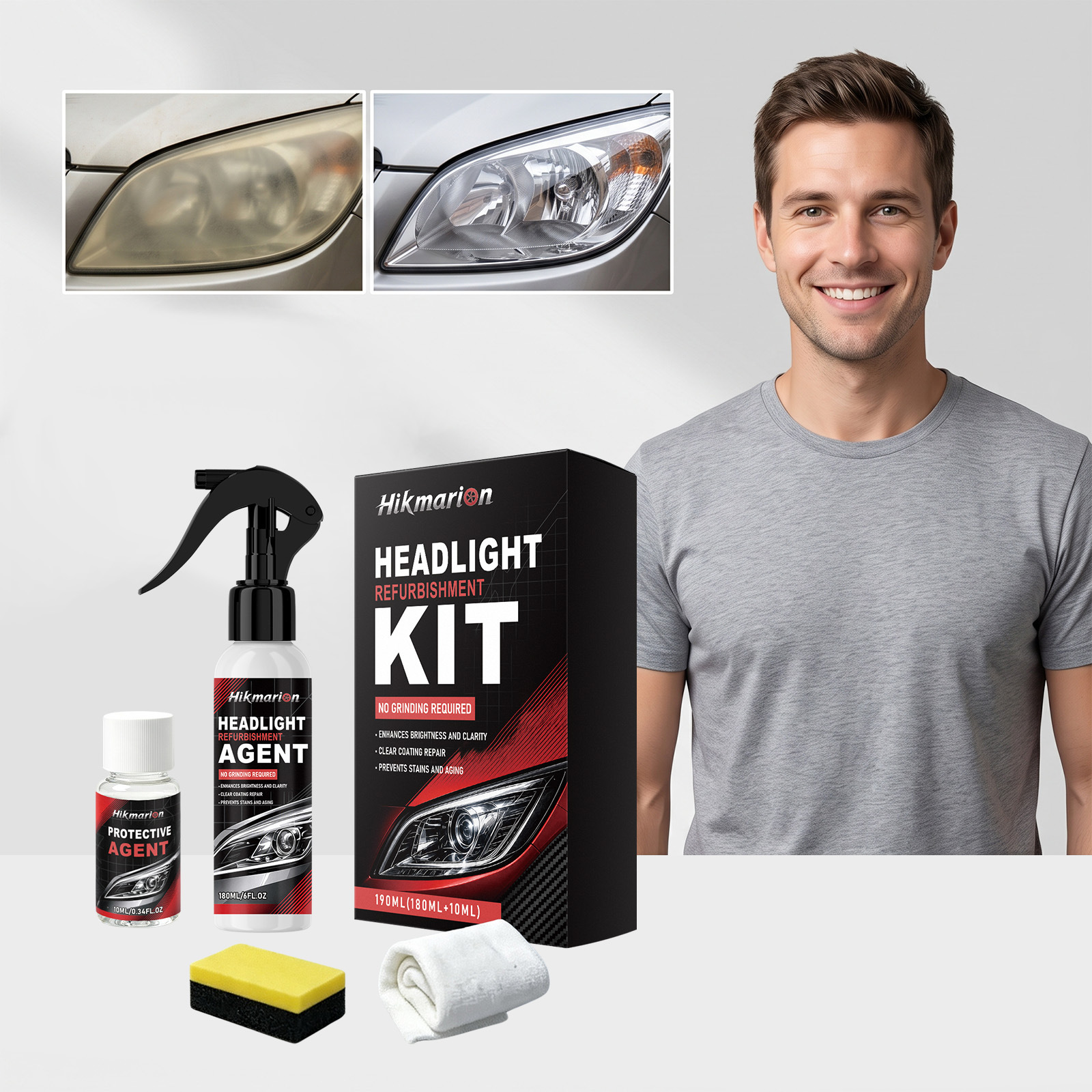 Scheinwerfer-polierset: Scheinwerferpflege, -aufbereitung, Kratzerentfernung, Vergilbungsentfernung, Reinigung Und Aufhellung – 180 Ml + 10 Ml + Schwamm + Tuch -- Biemmedue