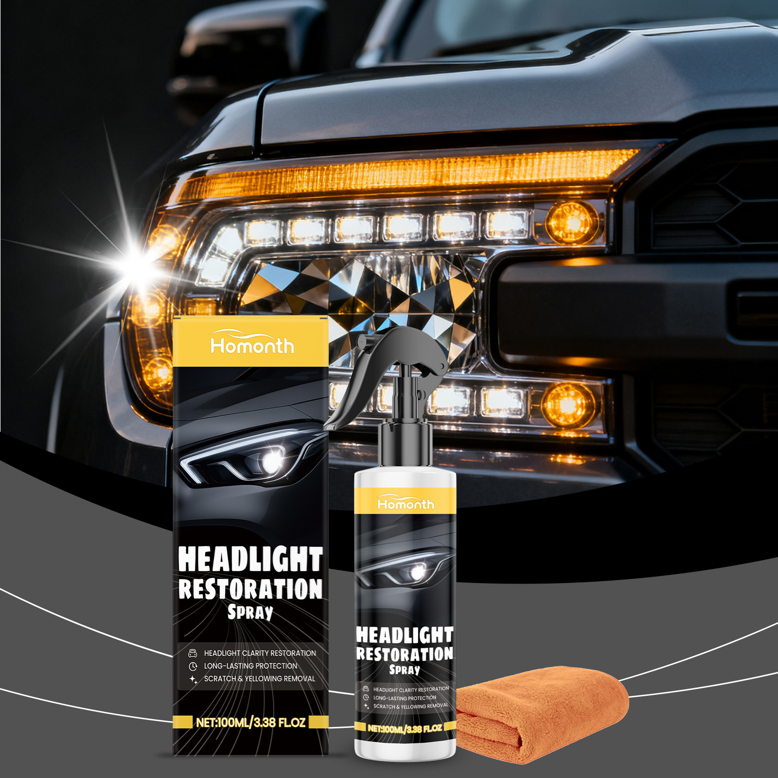 Scheinwerfer-reinigungsset Für Autoscheinwerfer – Tägliche Reinigung, Staubentfernung, Polieren Und Hochwirksames Schutzspray – 100 Ml X 1, Tuch X 1 -- Biemmedue