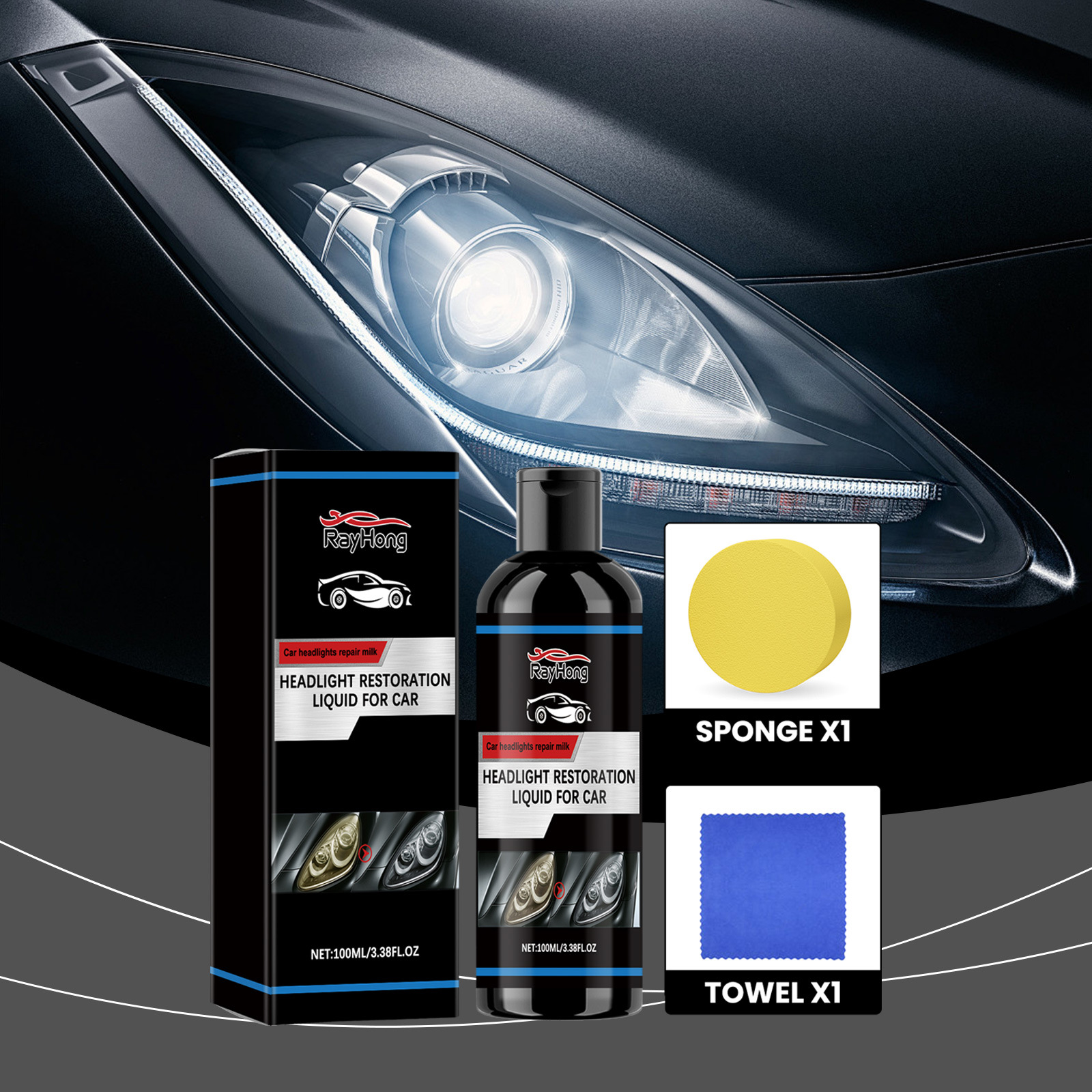 Scheinwerfer-reparaturflüssigkeit Für Kratzer, Vergilbung, Reinigung, Keramikversiegelung, Politur Und Restaurierung – 100 Ml Scheinwerfer-reparaturflüssigkeit + 1 Gelber Runder Schwamm + 1 Blaues Tuc