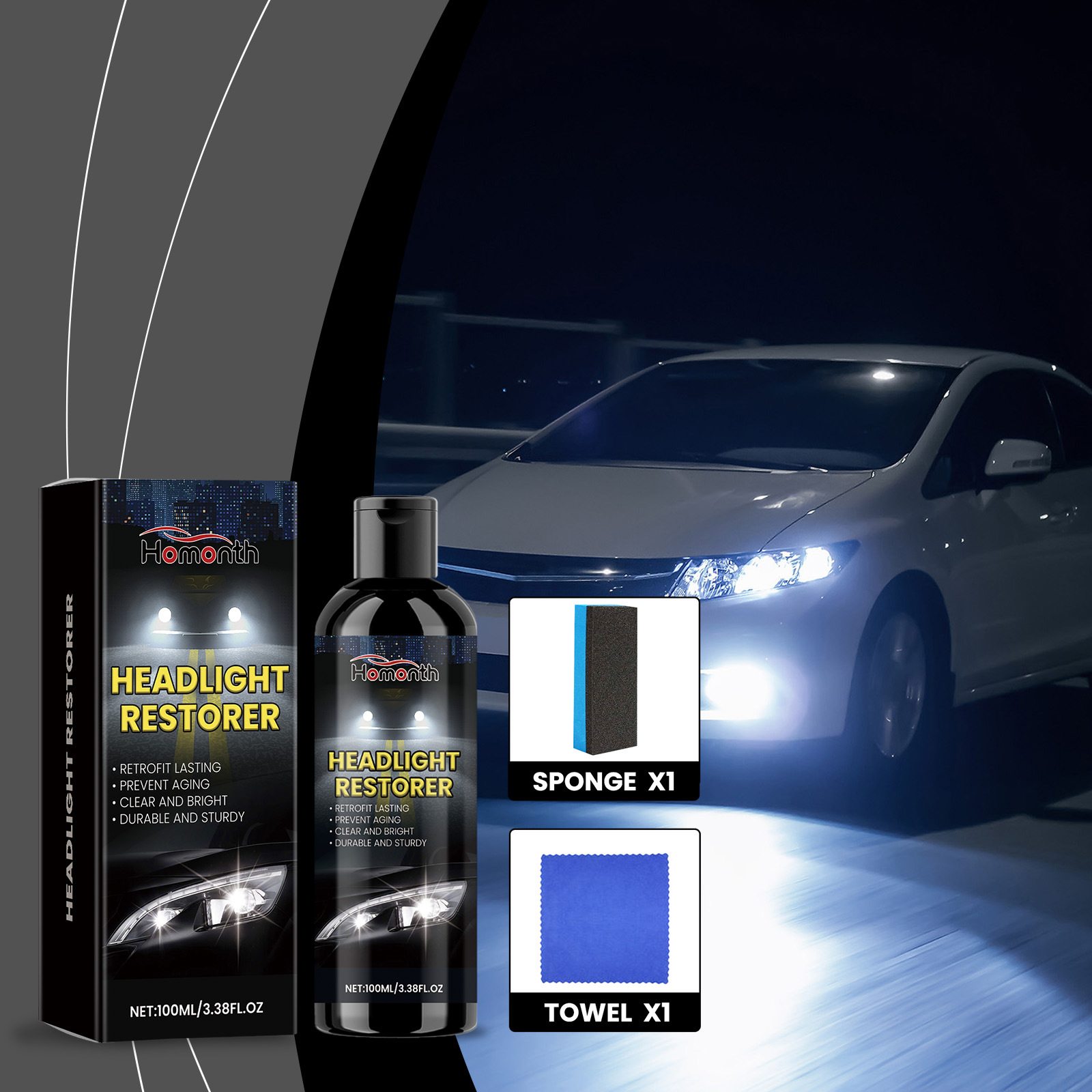 Scheinwerfer-restaurierungs- Und Reparaturflüssigkeit, Scheinwerferpflege, Staubentfernung, Polieren, Aufbereitung, Reinigung Und Reparatur – 100 Ml + Tuch + Schwamm -- Biemmedue