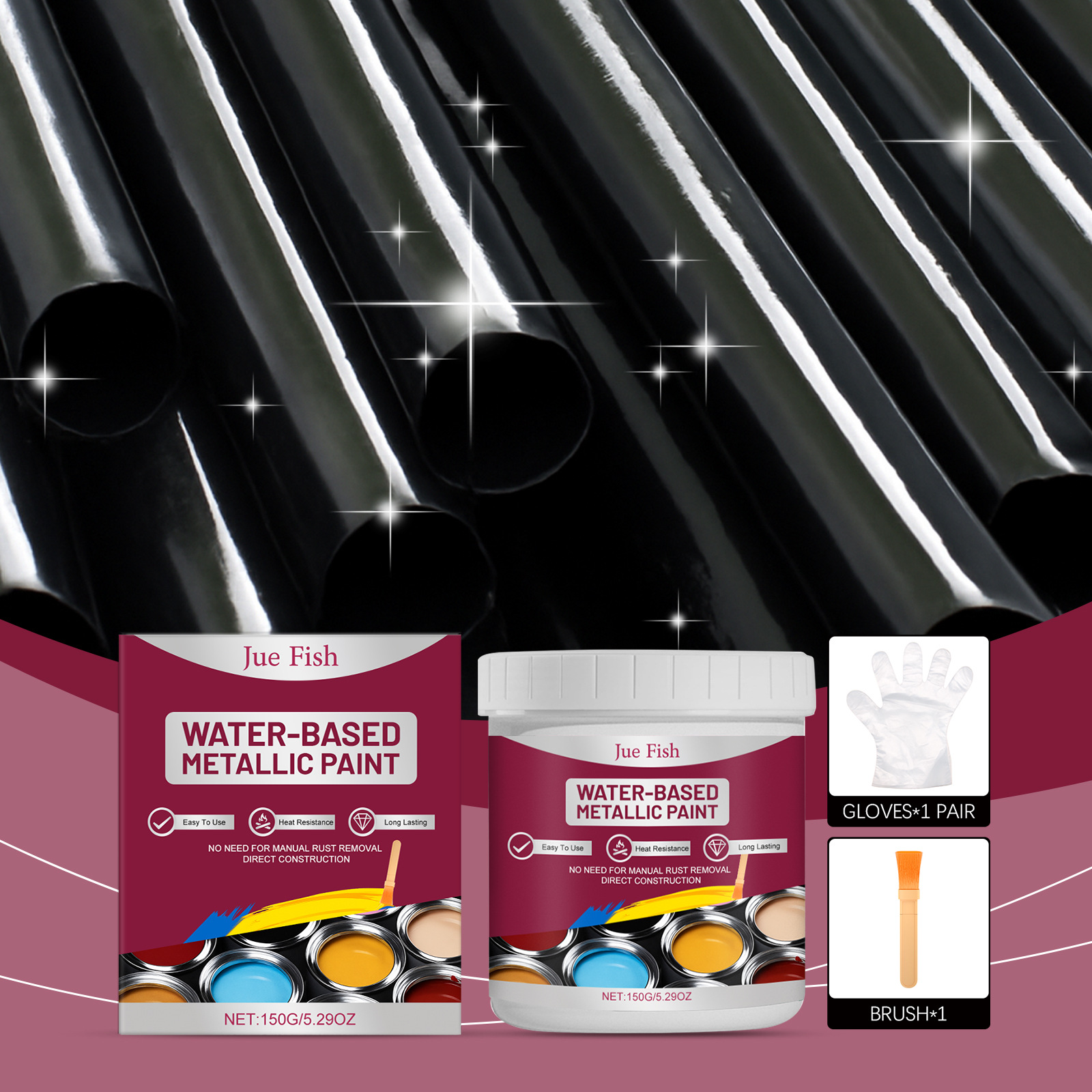 Schwarze, Wasserbasierte Metallic-farbe, Korrosionsschutzbeschichtung, Universelles Selbstmisch-set Für Formteile, Schmiedeeisen, Autos – 150 G1, Handschuhe1 Paar, Pinsel1 -- Biemmedue