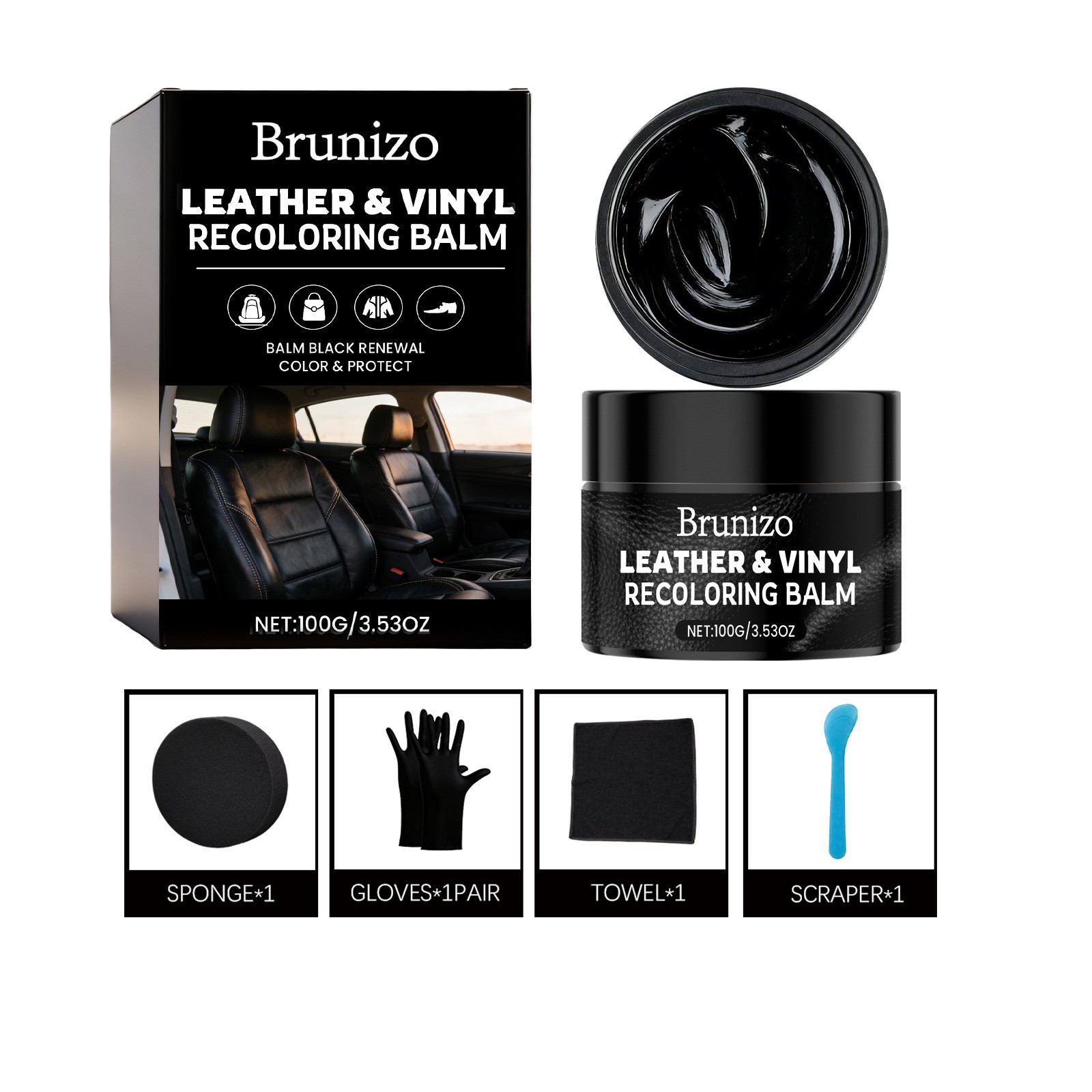 Schwarzes Lederfärbe- Und Reparaturset Für Sitzmöbel Und Sofas – Deckt Kratzer Und Abnutzungsspuren Auf Leder Ab Und Repariert Sie (100 G) + Handschuhe + Handtuch + Schwamm + Schaber -- Biemmedue