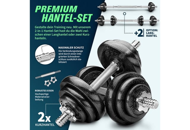 RE:SPORT® Hantelset Gusseisen 20 kg Kurzhanteln Langhantel Set Hantel Hantelscheiben