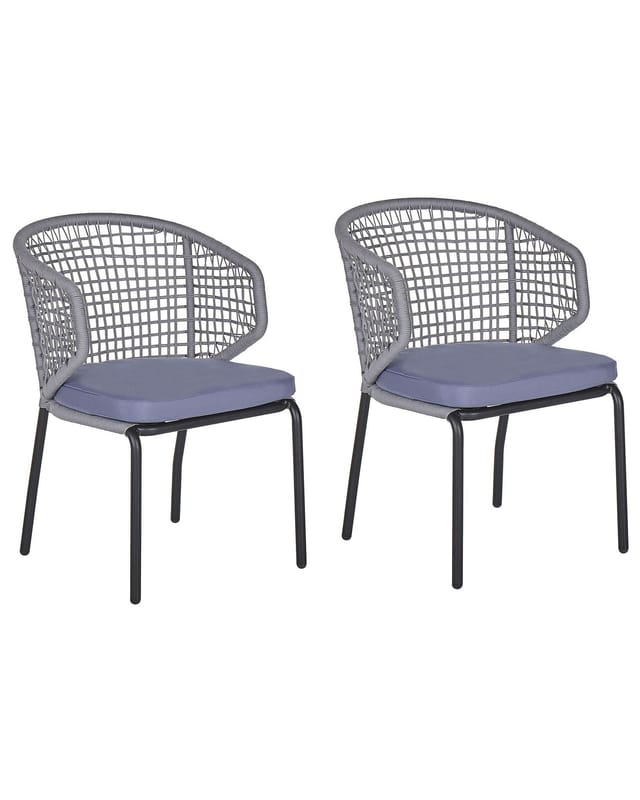 Gartenstuhl 2er Set Schwarz u. Grau Aluminiumgestell mit Armlehnen Rückenlehne Schnurgeflecht Auflagen Terrasse Balkon Outdoor Möbel