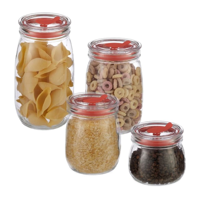 Vorratsgläser 4er Set, Deckel mit Strohhalmöffnung und Dichtung, Glasdosen für Nudeln, Getränke, transparent - Relaxdays