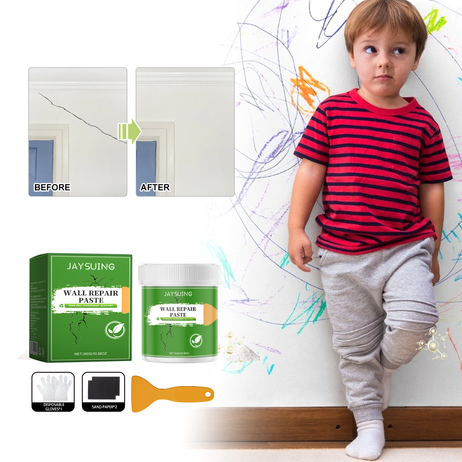 Wandreparaturpaste Für Den Heimgebrauch, Weiße Wände, Risse, Nagellöcher, Wasser- Und Schimmelbeständig – 300 G × 1 + Spachtel × 1 + Schleifpapier × 2 + Einweghandschuhe × 2 -- Biemmedue