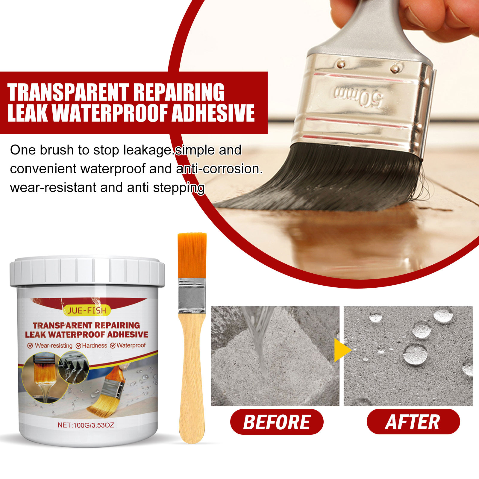 Wasserdichte Dichtmasse, Auslaufsichere Beschichtung, Transparent, Zur Reparatur Von Badezimmerböden Tiefenwirksames Imprägniermittel Für Ein Glänzendes Finish – 100 G + Pinsel -- Biemmedue