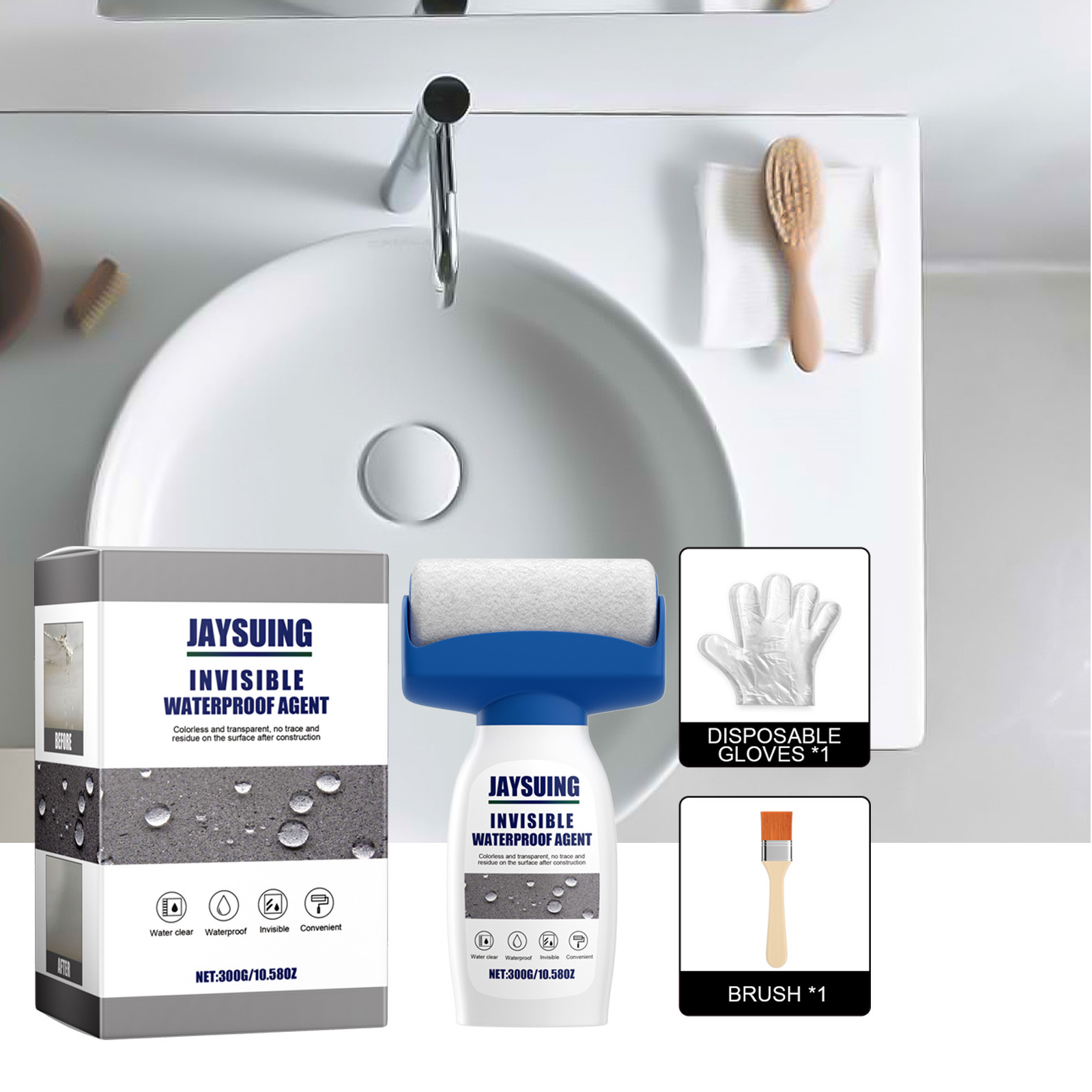Wasserfester Rollenkleber Für Die Abdichtung Und Leckreparatur Im Haus, Inklusive Farbroller Und Abriebfest Für Außenwände – 300 G Wasserfester Kleber + Pinsel + Handschuhe -- Biemmedue