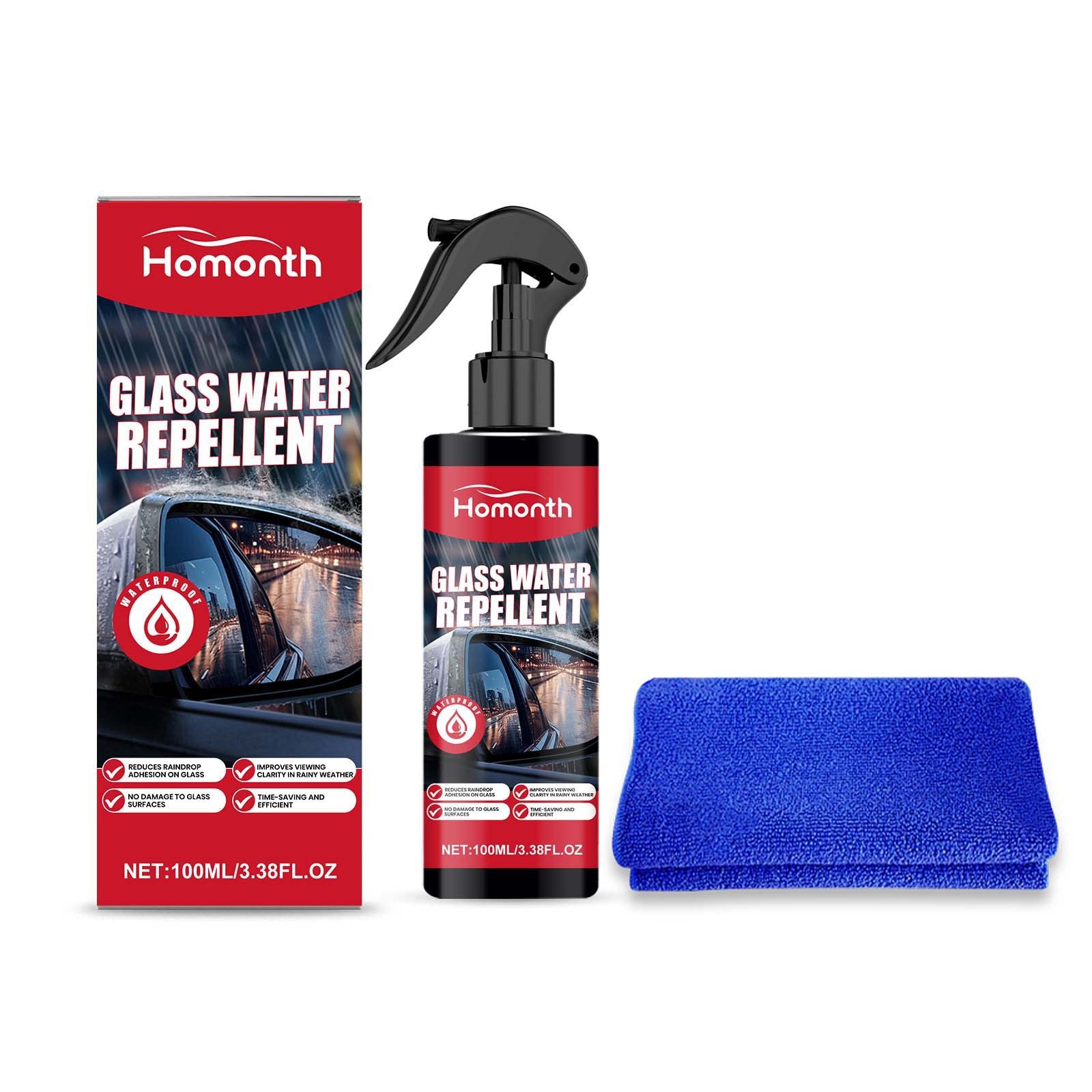 Wasserfestes Glasspray Für Autoscheiben, Reinigung Und Fleckenentfernung, Frische Sicht, Tägliches Reinigungszubehör – 100 Ml × 1 + Handtuch × 1 -- Biemmedue