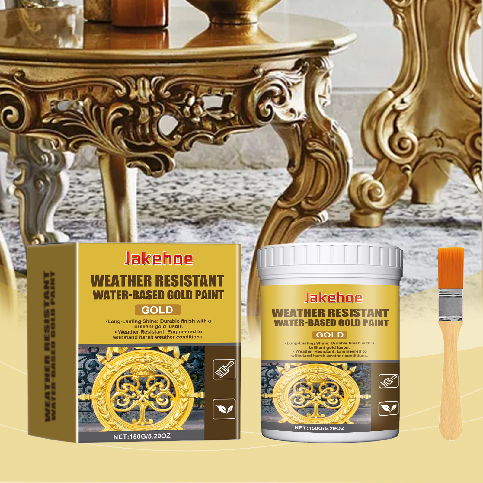 Wetterfeste, Wasserbasierte Metallic-goldfarbe, Wetterfeste, Wasserbasierte Dekor-goldfarbe Für Römische Säulen, Goldfolienfarbe Für Den Außenbereich – 150 G + Pinsel -- Biemmedue