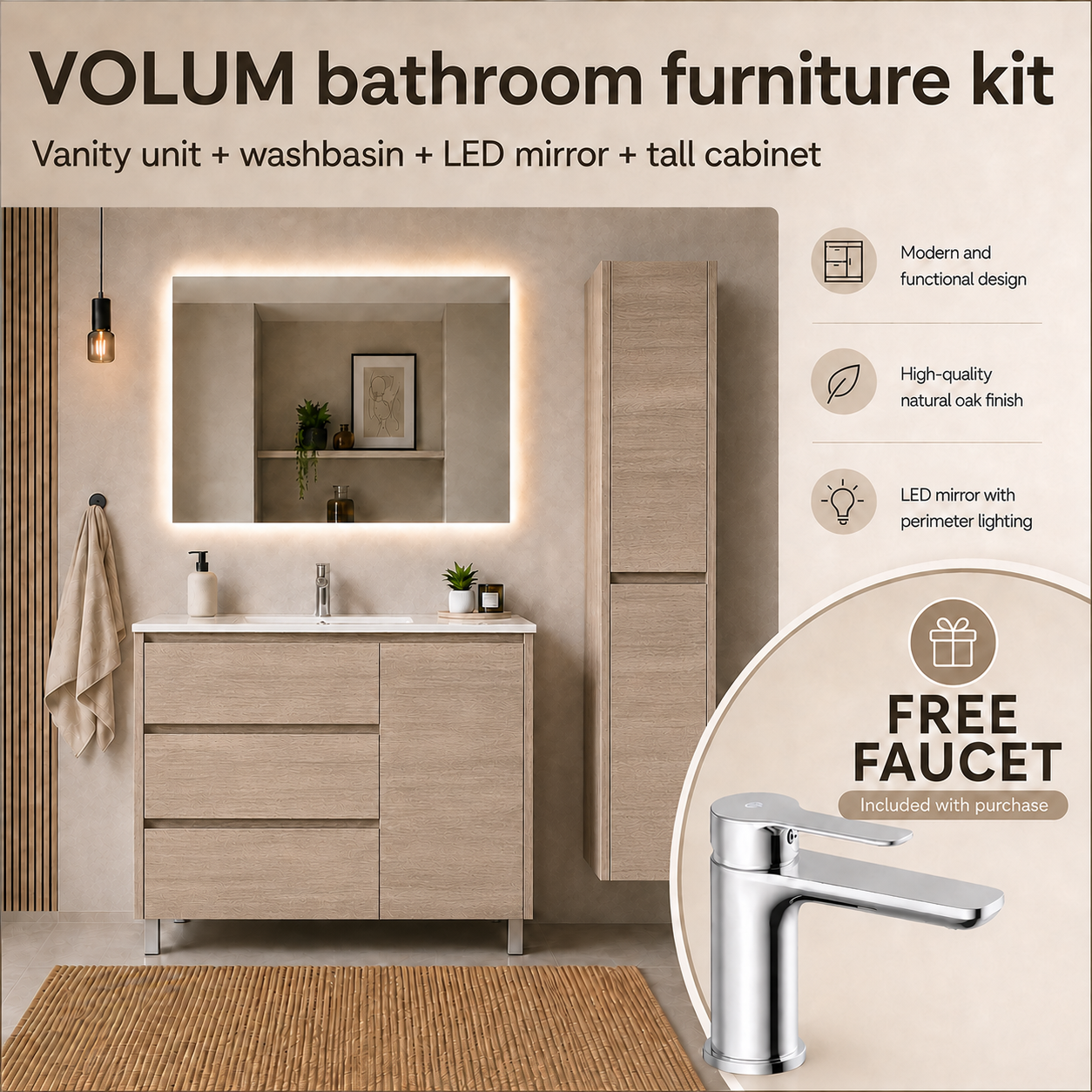 Volum Estepa Badmöbel-set Mit Waschbecken, Led-spiegel, 140 Cm Hochschrank Und Armatur 100x40 Cm