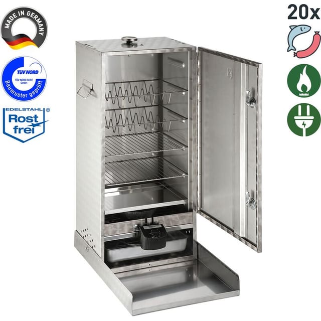 Peetz Edelstahl-Räucherofen 630 - für 20 Fische liegend oder hängend oder ca. 20 Aale, silber, kreismarmoriert, mit Tür