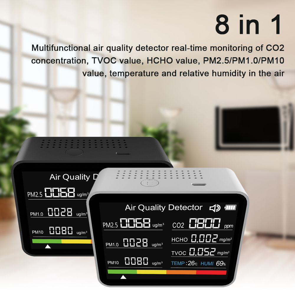 8-in-1 Luftqualitätsmonitor, Co2 Tvoc Hcho Pm2.5 Pm1.0 Pm10 Kohlendioxiddetektor, Temperatur- Und Feuchtigkeitserkennung Mit Alarmfunktion Für Zuhause, Büro, Auto.