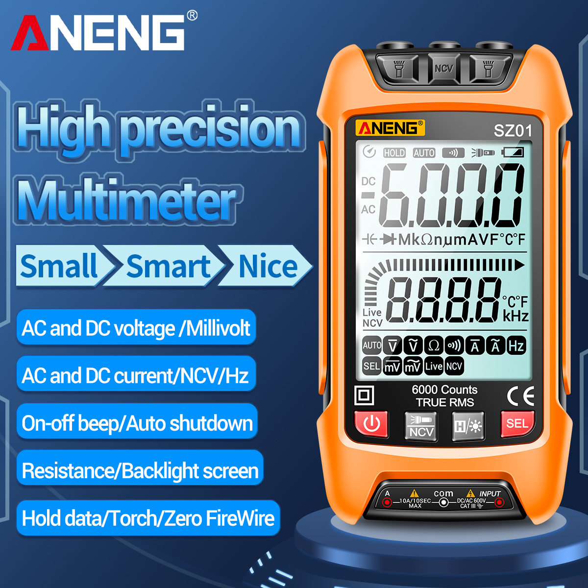 Aneng Sz01 Intelligentes Digitalmultimeter 6000 Count Auto Range True Rms Ncv Universal Meter Tragbares Multifunktionsmessgerät Voltmeter Amperemeter Mit Hintergrundbeleuchtung Und Taschenlampe Ac/dc-