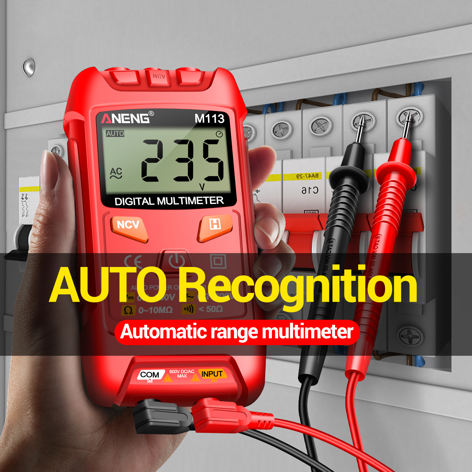 Aneng M113 Mini Digital Multimeter Smart Ac/dc Voltage Tester 1999 Resistance Points Lcd With Ncv Data Hold, Auto Range For Line On/off Detection.