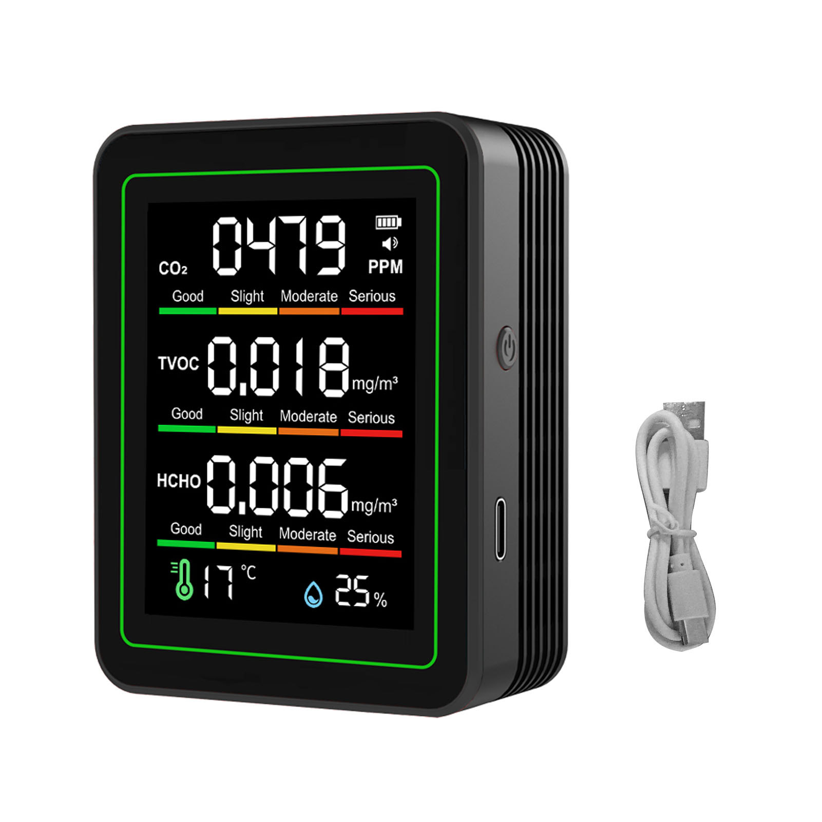 Luftqualitätsmonitor Mit 5-in-1-farb-lcd-bildschirm, Temperatur, Luftfeuchtigkeit, Co2, Tvoc, Hcho, Innenraum-detektortester Mit Ndir-sensor, Schwarz.