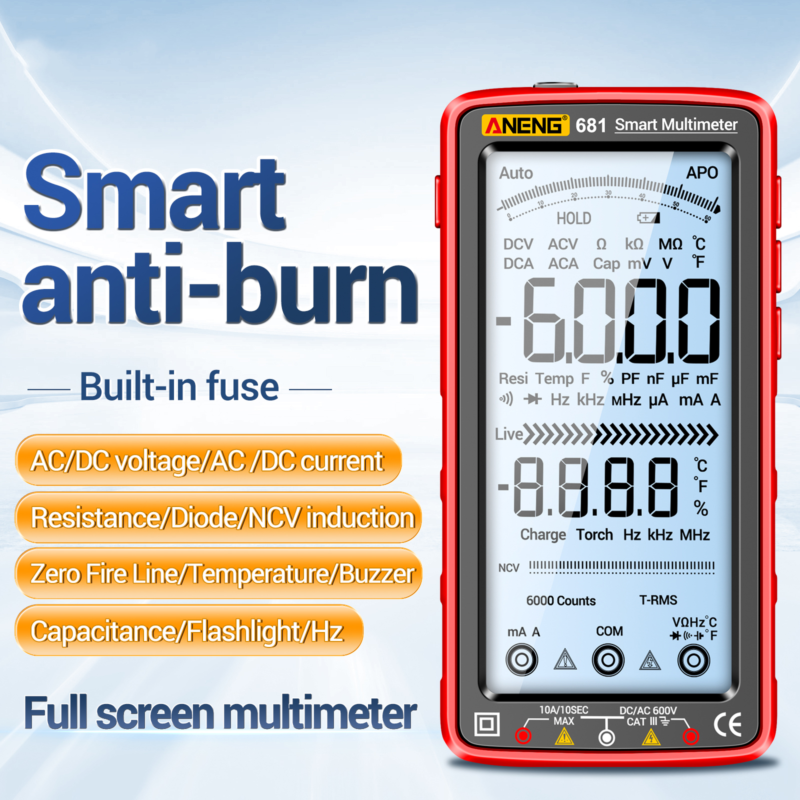 Intelligentes Digitales Multimeter, 6000 Zähler, Überhitzungsschutz, Wiederaufladbar, Universell, Ncv-tester, Großes 5-zoll-lcd-display Mit Hintergrundbeleuchtung Für Spannung, Strom, Widerstand, Kapa
