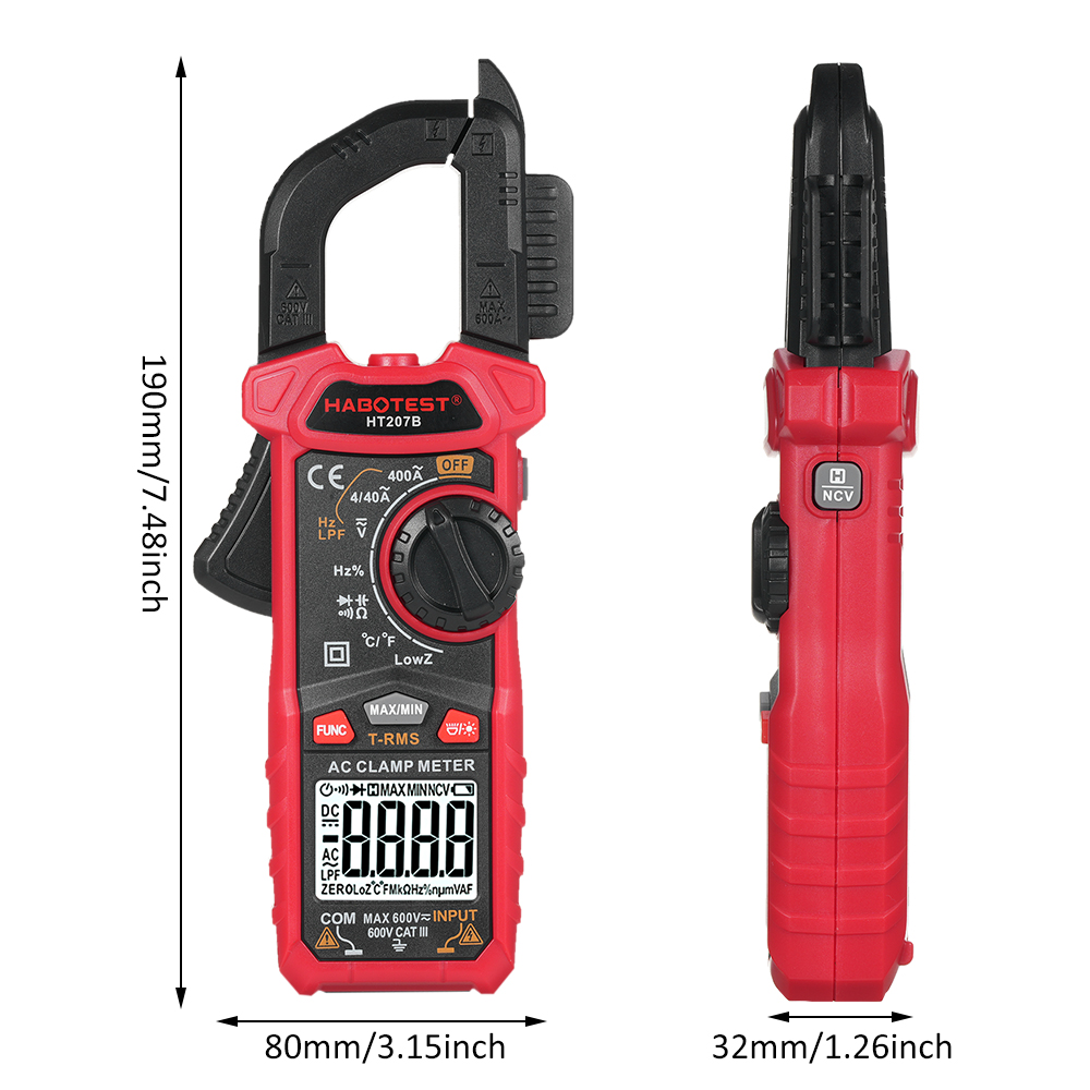 Habotest Ht207b 4000 Count Tragbares Digitales Multimeter Zangen-wechselspannungs-/gleichspannungs-/strommessgerät Voltmeter Diodenwiderstandsmessung Hochpräzises Multifunktionsdisplay.