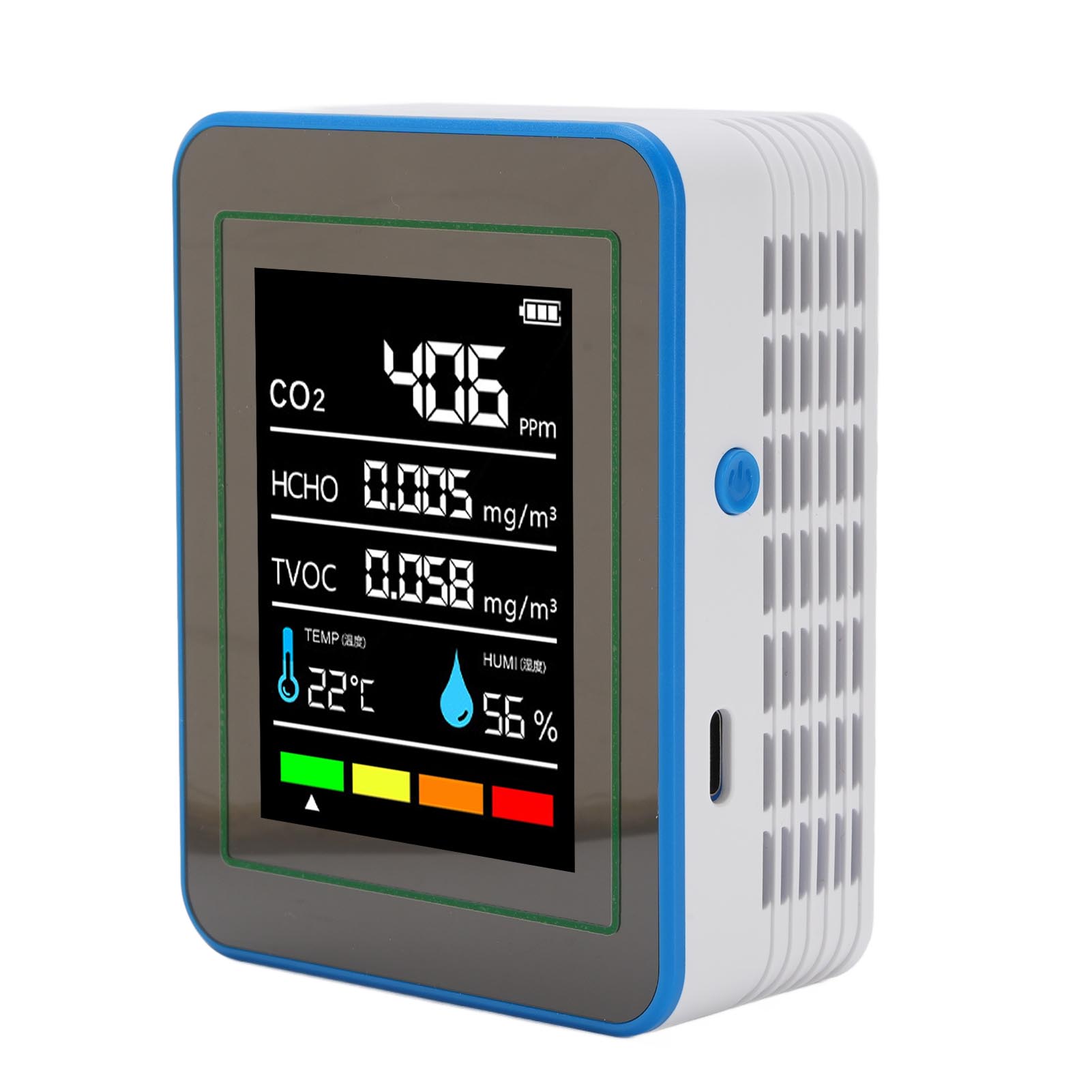 5-in-1 Luftqualitätsdetektor, Co2 Tvoc Hcho, Temperatur- Und Feuchtigkeitsmessung, Tragbares, Wiederaufladbares Messgerät Mit Weißen Und Blauen Anzeigen.