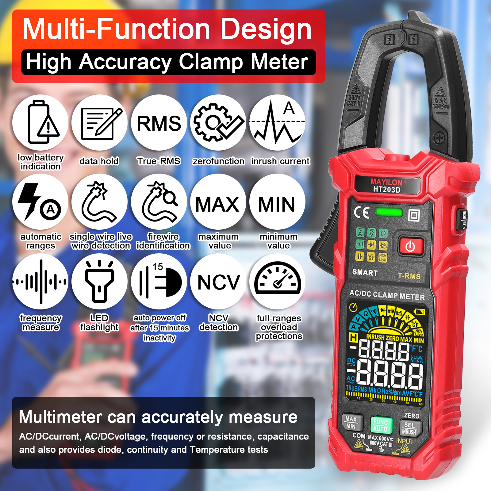Mayilon Multifunktions-digital-zangenmultimeter 600v Voltmeter Tester Amperemeter Auto Range Voltmeter Ncv True Rms 6000 Counts 60a Strom Widerstand Kapazität Temperatur Dioden Durchgangsmessgerät.