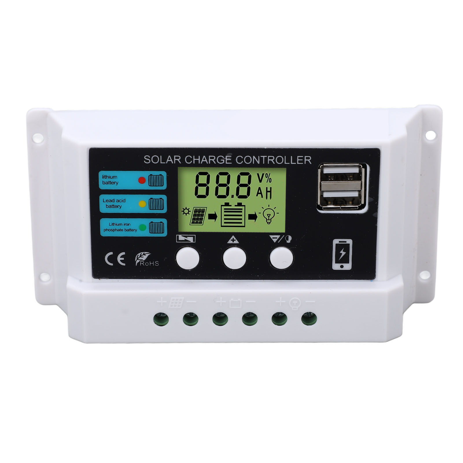 Solarladeregler Mit Industriechip, Lcd-anzeige, Überlastschutz, 12v 24v, Selbstadaptierend, Weiß, 10a.