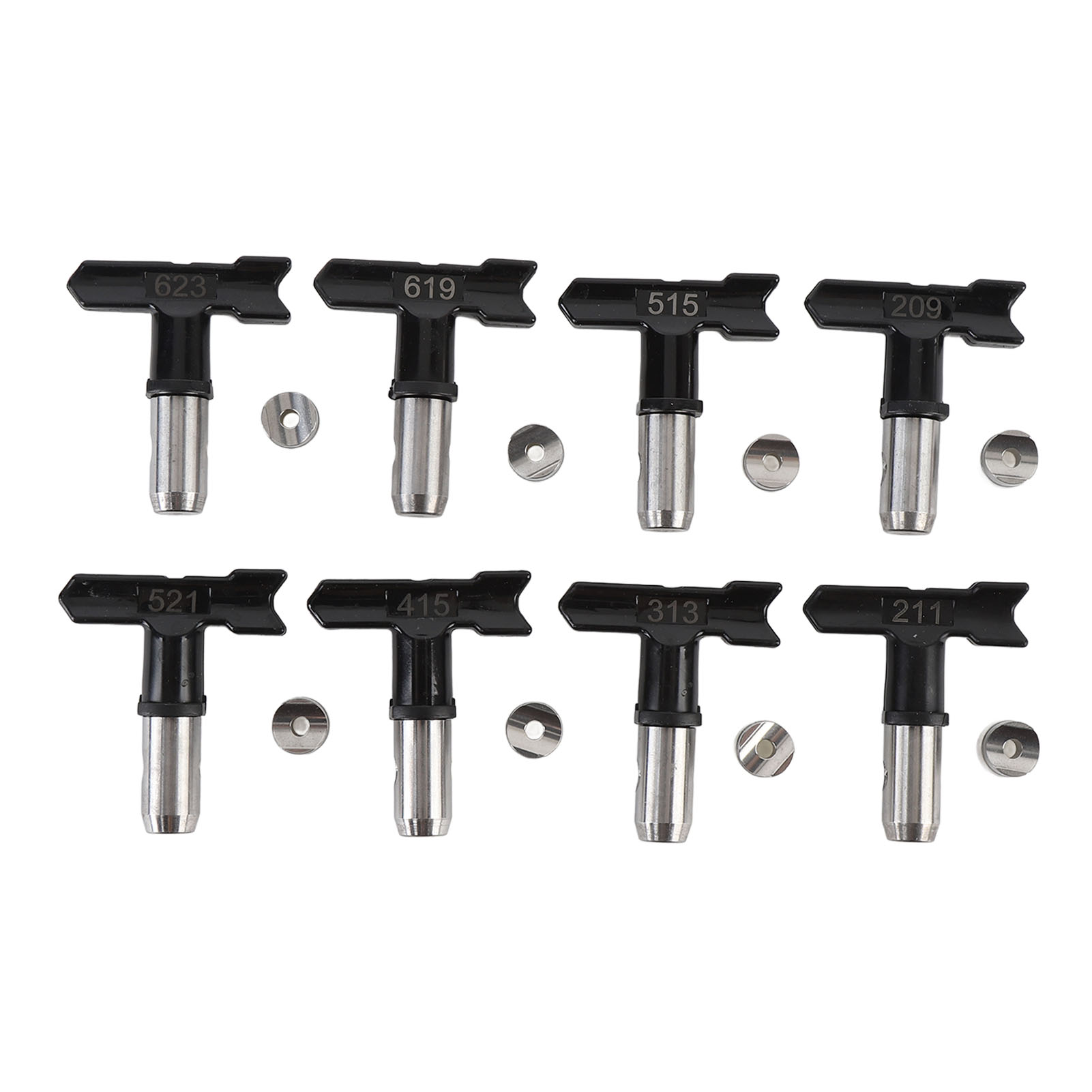 Sätze Airless-sprühdüsen, Düsen 209 211 313 415 515 521 619 623, Schwarz.