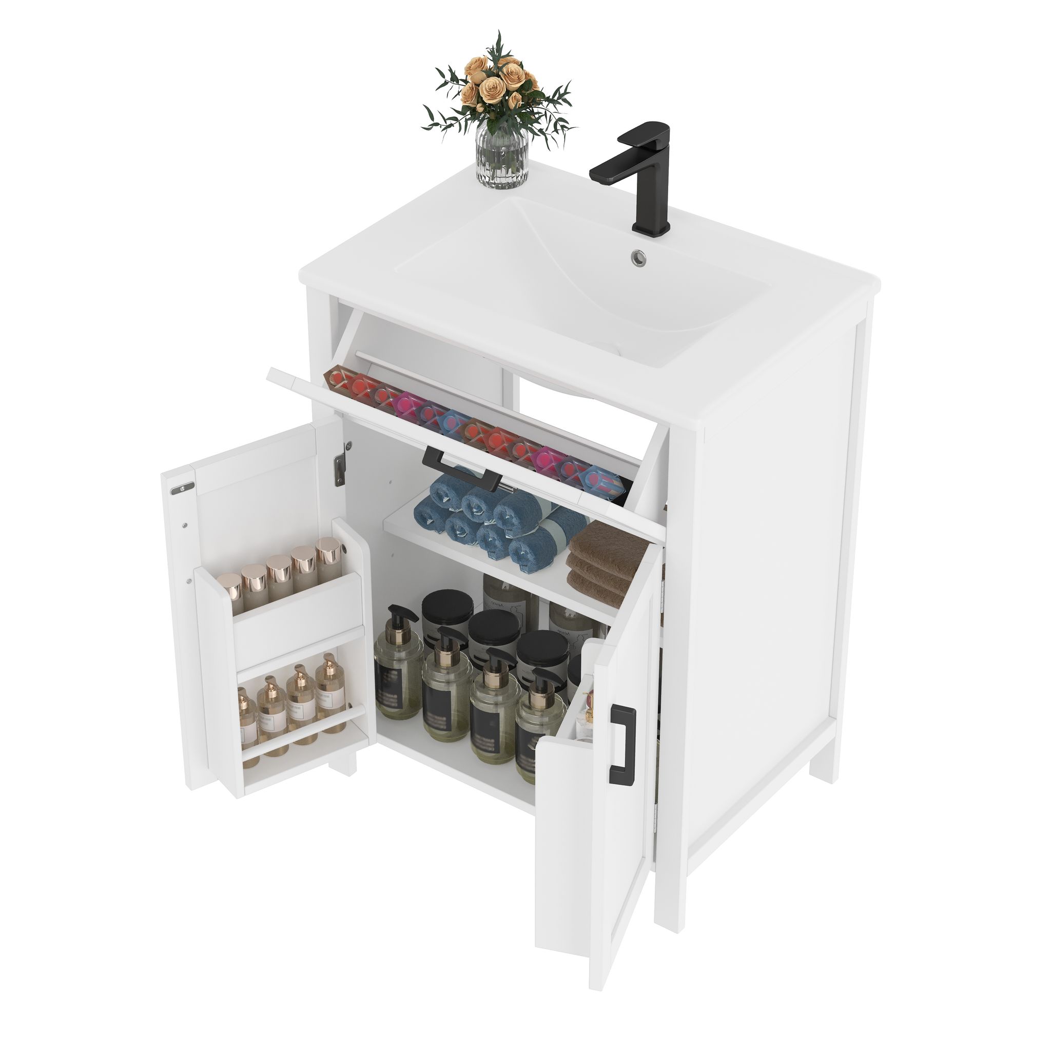 Elvmi Badezimmerschrank Mit 2 Türen, 1 Schublade, Verstellbaren Regalen, Keramikwaschbecken, Bad, 60×46×84 Cm