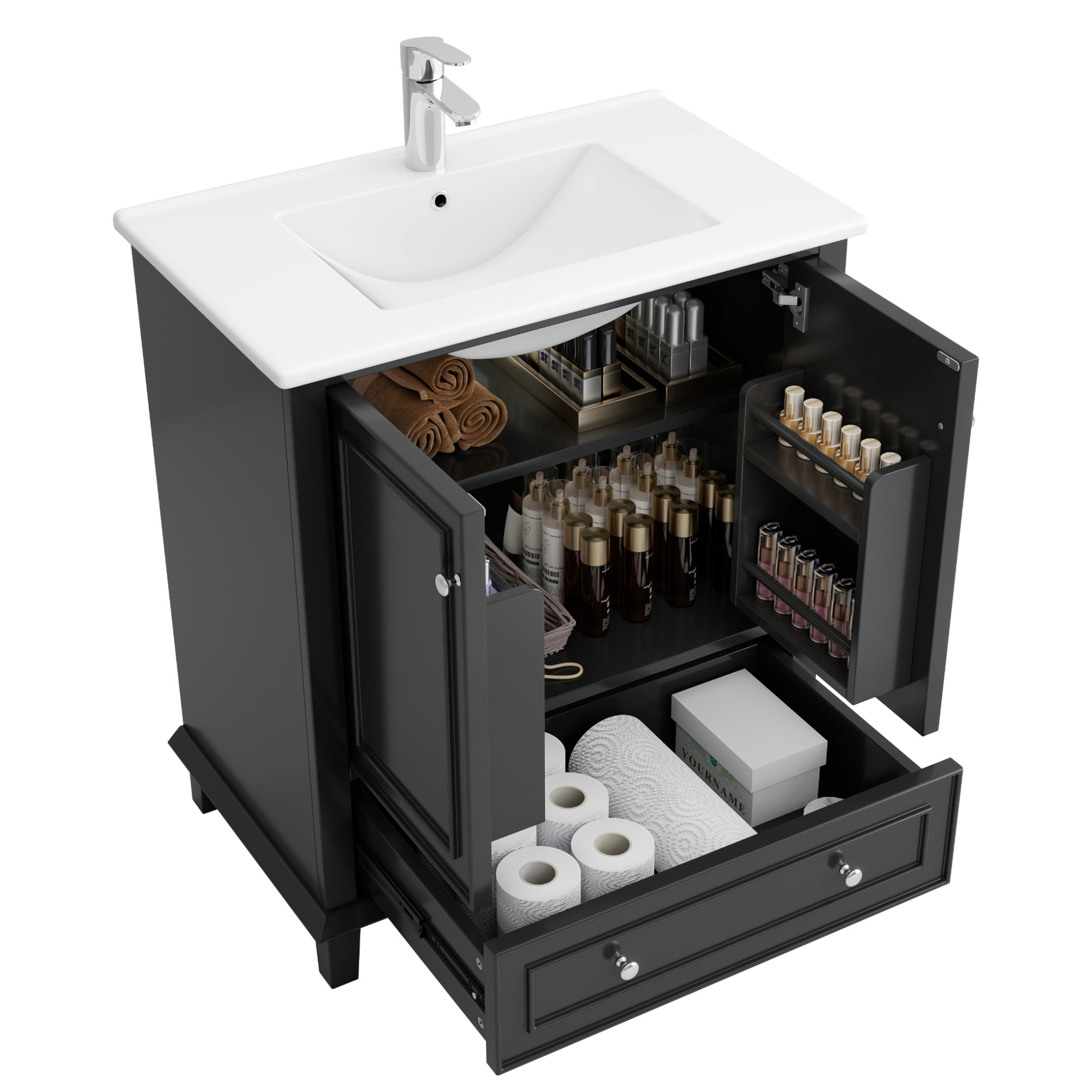 Elvmi Waschbeckenunterschrank Mit 2 Türen, 1 Schublade Und Verstellbarem Fachboden, Integriertes Keramikbecken Für Bad, Mdf, Schwarz, 76×46×87 Cm