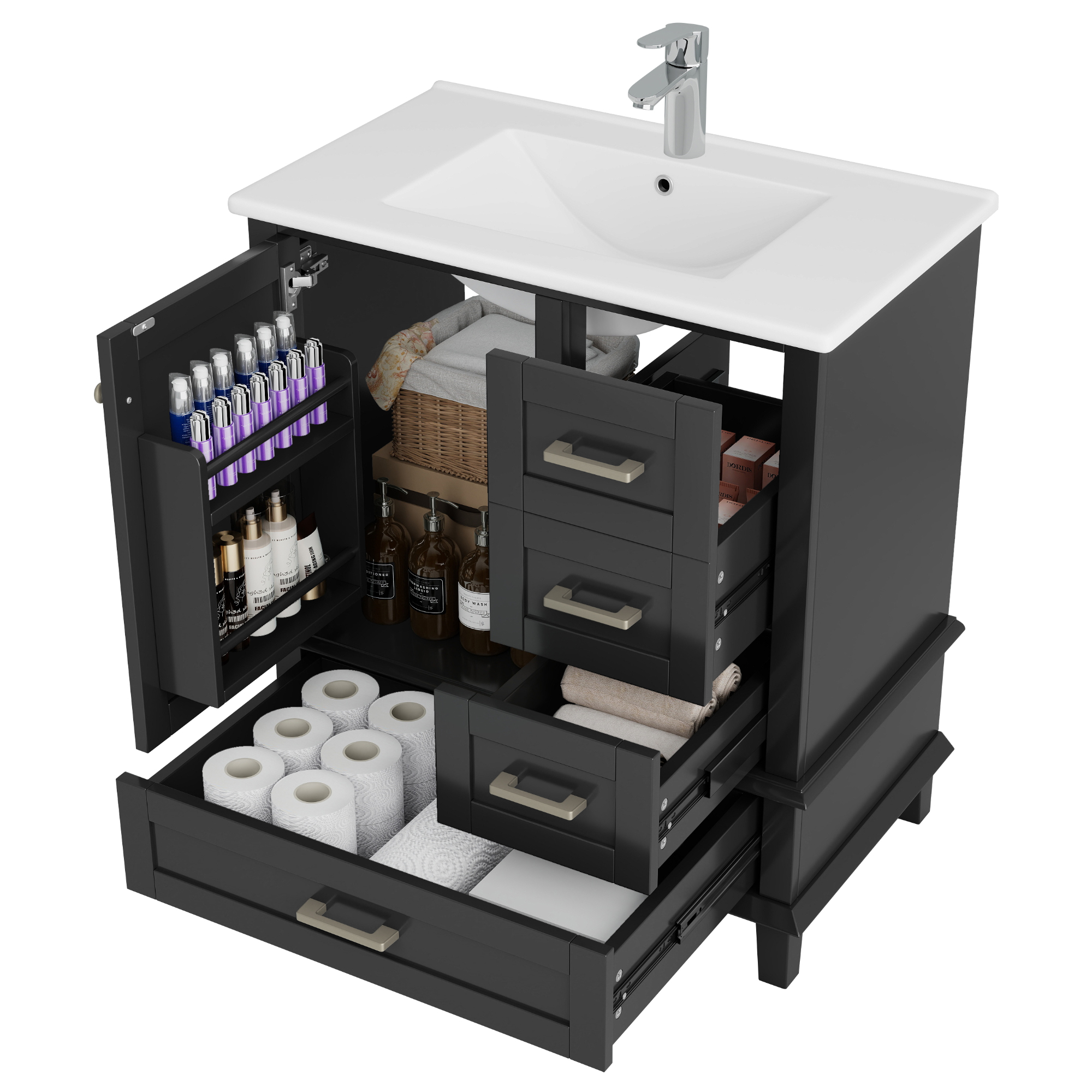 Elvmi Waschbeckenunterschrank Mit 3 Schubladen Und 1 Tür, Verstellbarem Regal Und Keramikwaschbecken, Bad, 76×45.5×83.5 Cm, Schwarz