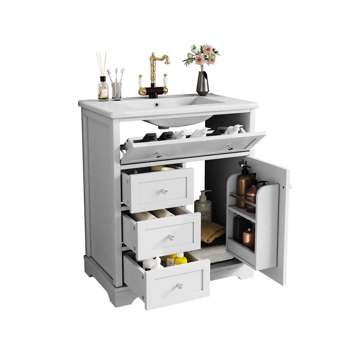 Elvmi Badezimmerschrank Mit 1 Tür, 3 Schubladen, 1 Fach Und Keramikwaschbecken, Badezimmer, 76×46×87 Cm
