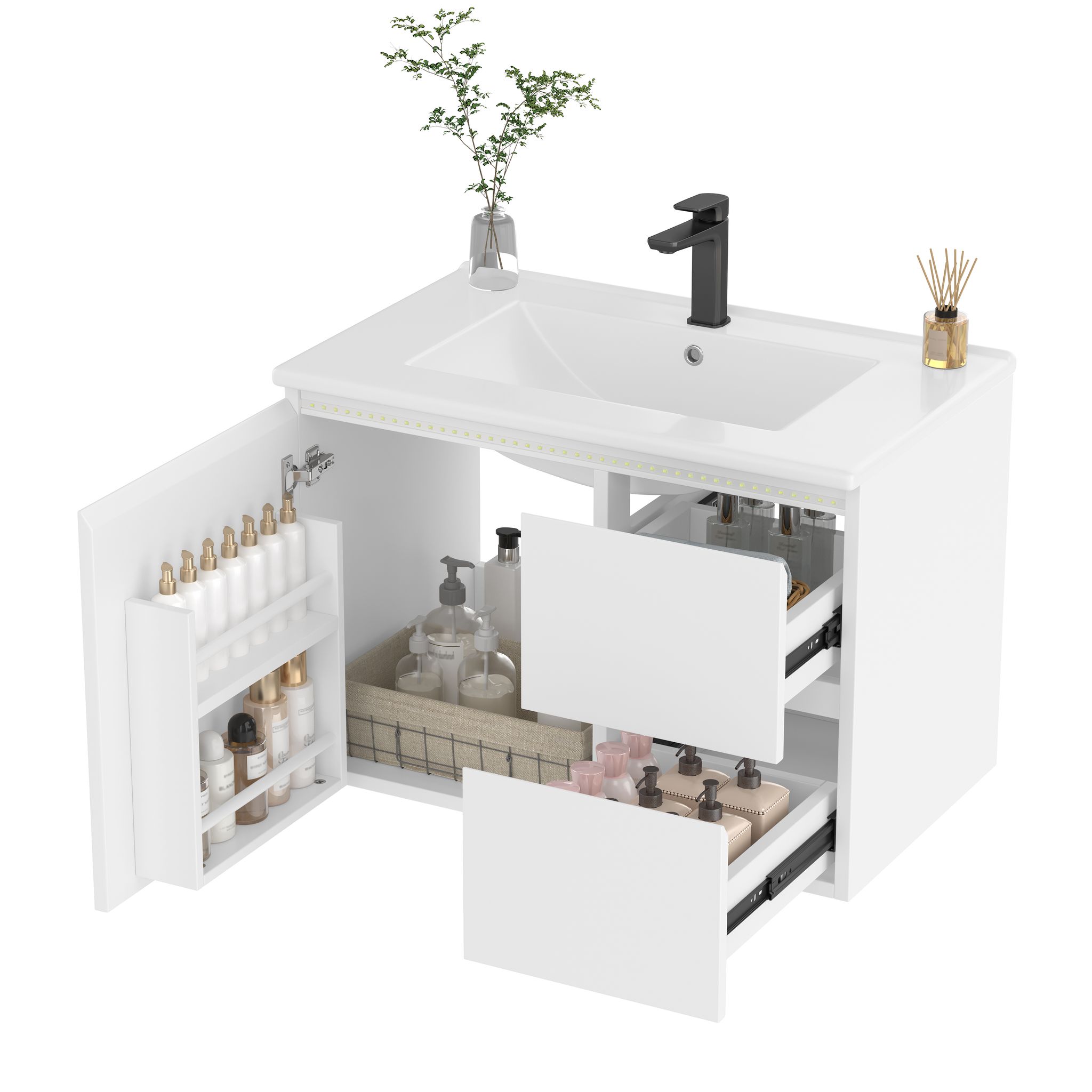 Elvmi Waschtisch Mit 2 Schubladen, Ablage, Led-radarsensor, Integriertem Waschbecken Für Bad, Weiß, 76×46×50 Cm