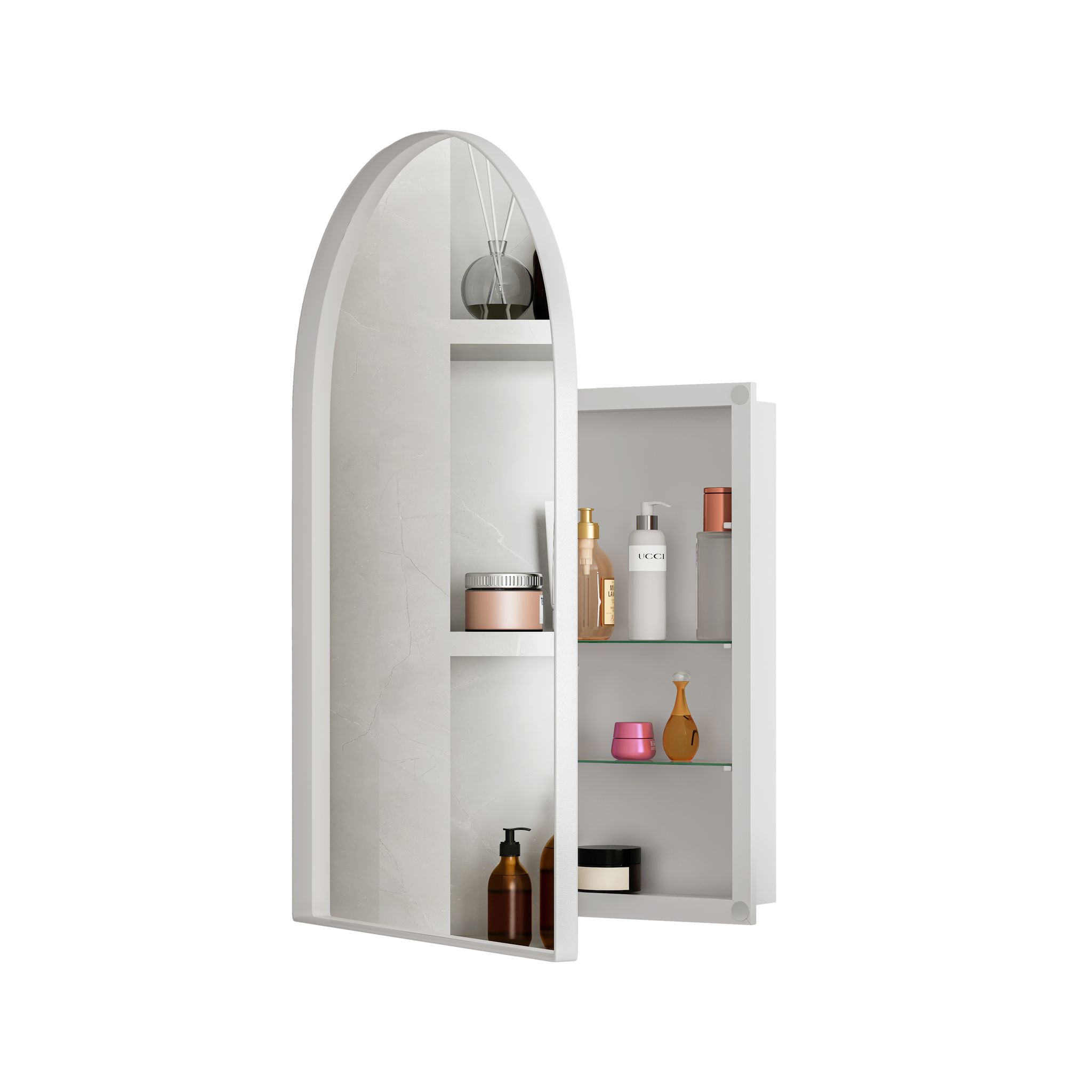Elvmi Spiegelschrank Zur Wandmontage Mit 2 Glasböden, Verstellbare Ablagen, Für Bad, Weiß