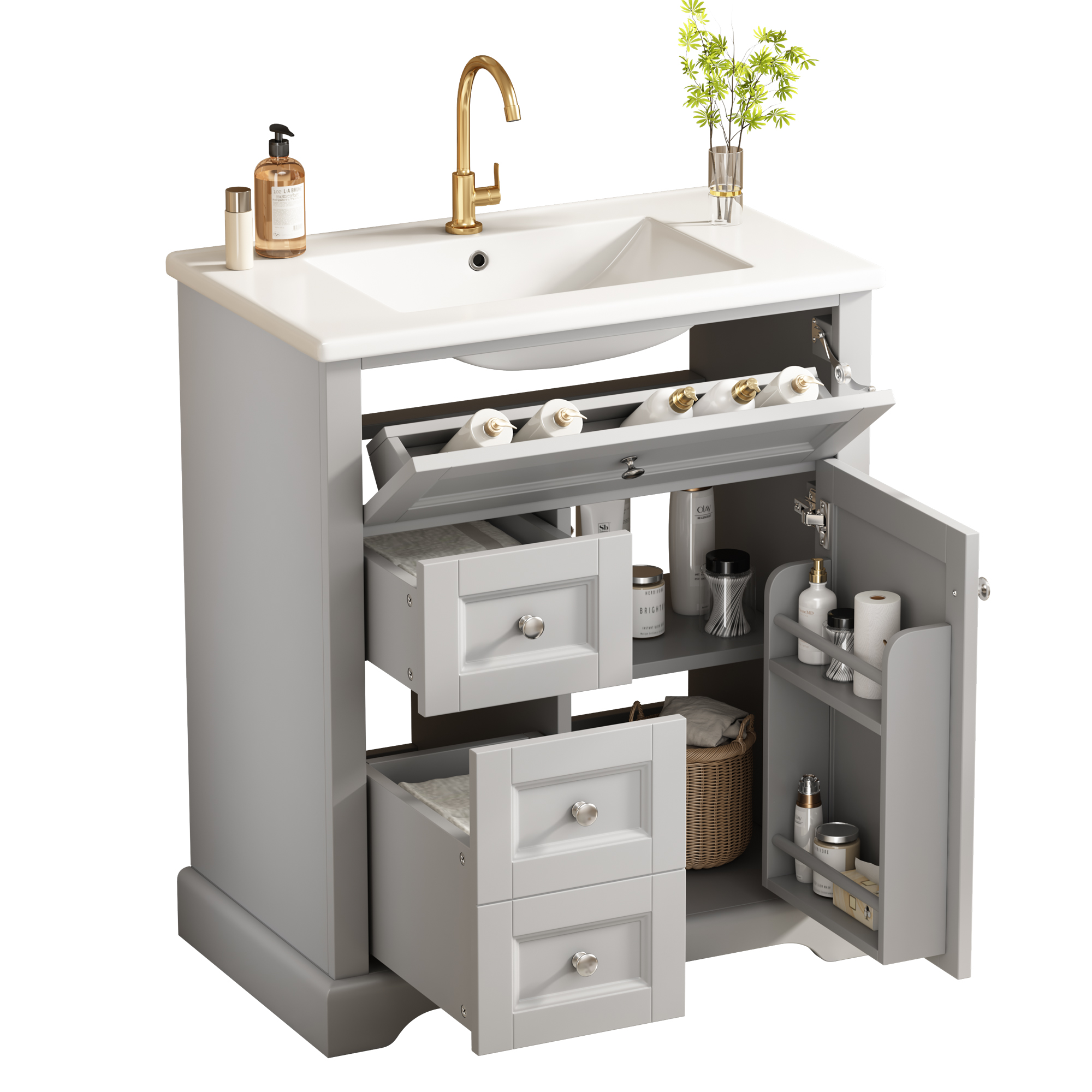 Elvmi Waschtischunterschrank Mit 1 Tür, 3 Schubladen, 1 Verstellbarem Fach Und Keramikbecken, Badezimmer, Grau, 76x46x87 Cm