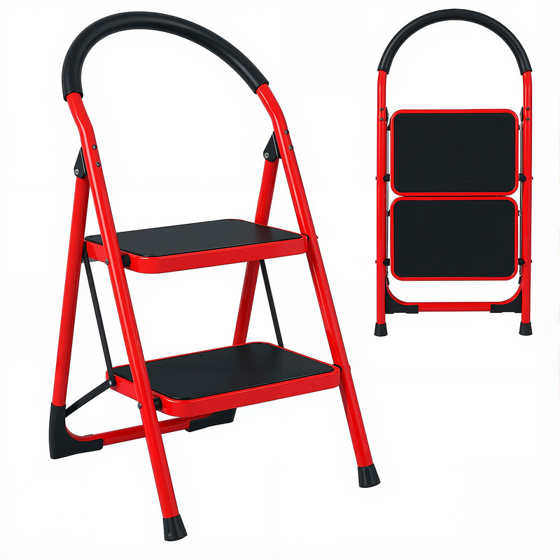 Haushaltsleiter – 2-stufige Klappleiter – Mit Armlehnen – Verbreiterte Pedale – Rutschfeste Sohlen – Dreieckige Struktur – Max: 150 Kg – 47 X 48 X 86 Cm – Rot – Flasidu