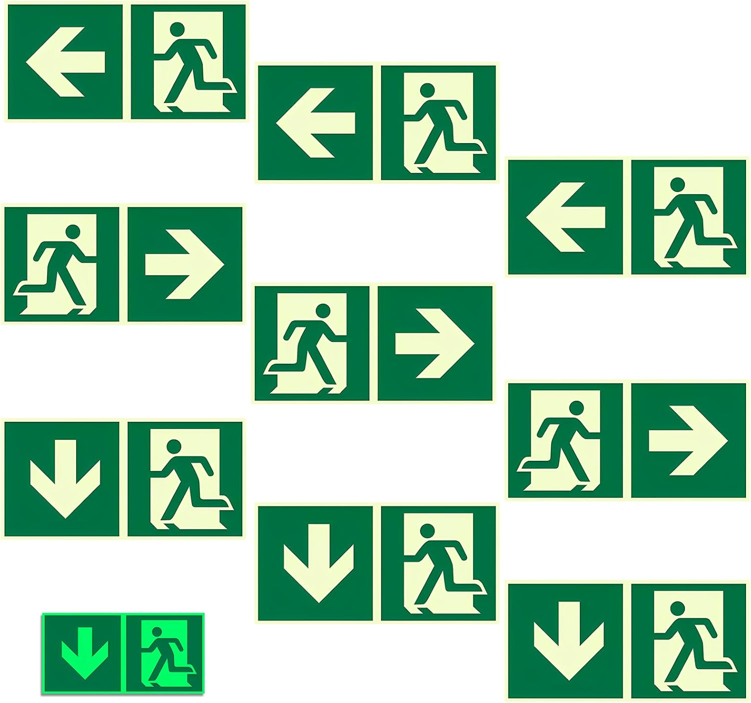 9 Stück Notausgangsschild Nachleuchtend, Pvc Selbstklebend 300 X 150 Mm, Schild Notausgang, Reflektierende Folie Aus Polyethylen, Fluchtwegschild Rettungsweg (“links” “rechts” “unten”)