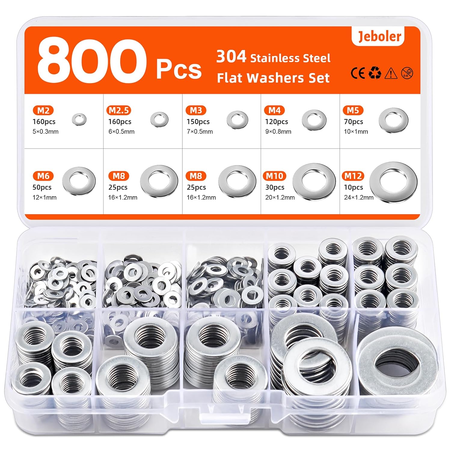 Unterlegscheiben Set, 800 Stück Kleine Unterlegscheiben Edelstahl A2 V2a Flach Beilagscheiben Sortiment Für Schrauben, Mutter, Unterlegscheibe Für M2 M2,5 M3 M4 M5 M6 M8 M10 M12-9 Größen