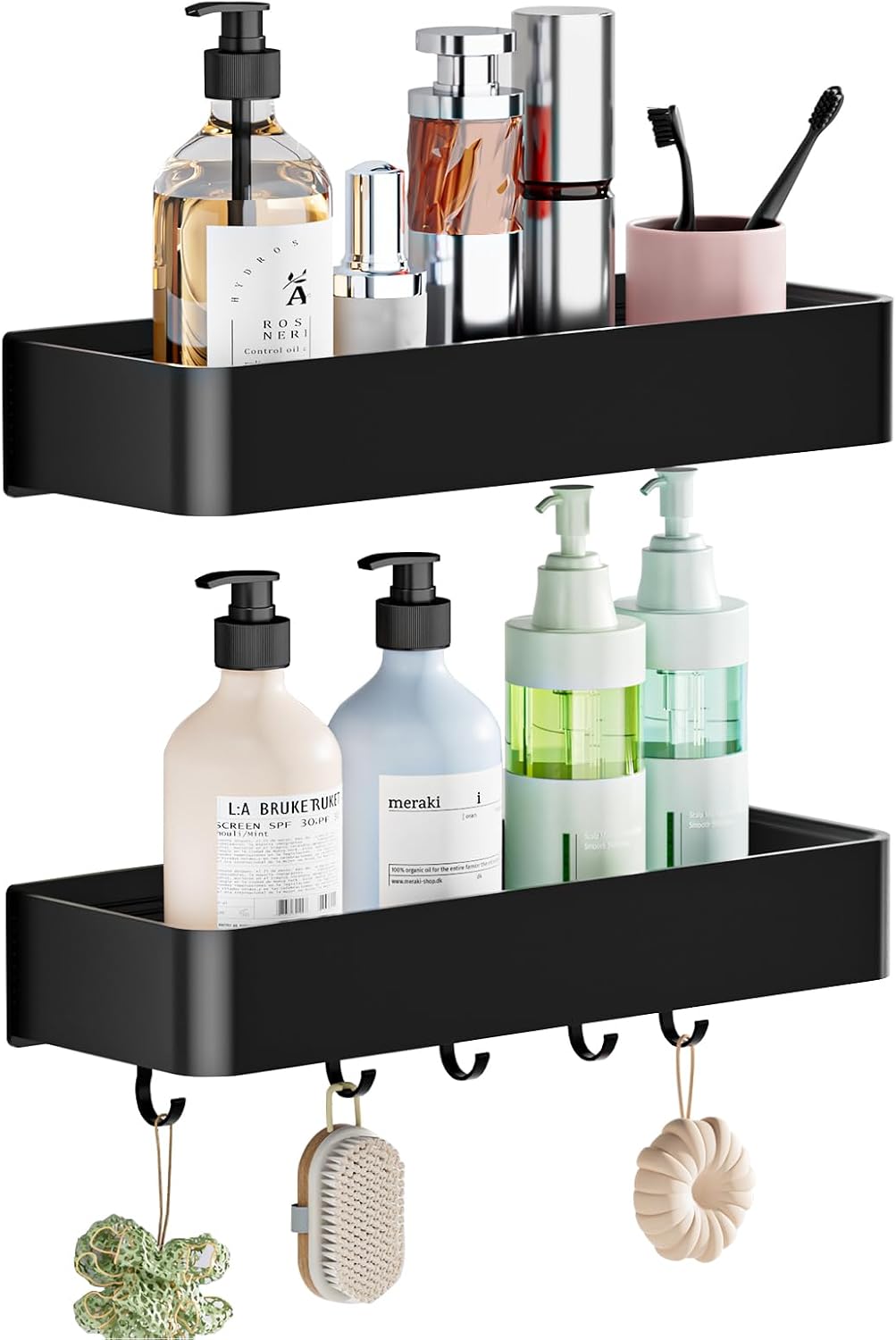 Duschablage Ohne Bohren, 2 Stück Aluminium Badezimmer Organizer Mit 5 Haken, Wasserdichter, Rostfrei Und Langlebige Shampoo Halterung Duschregal, Schwarz
