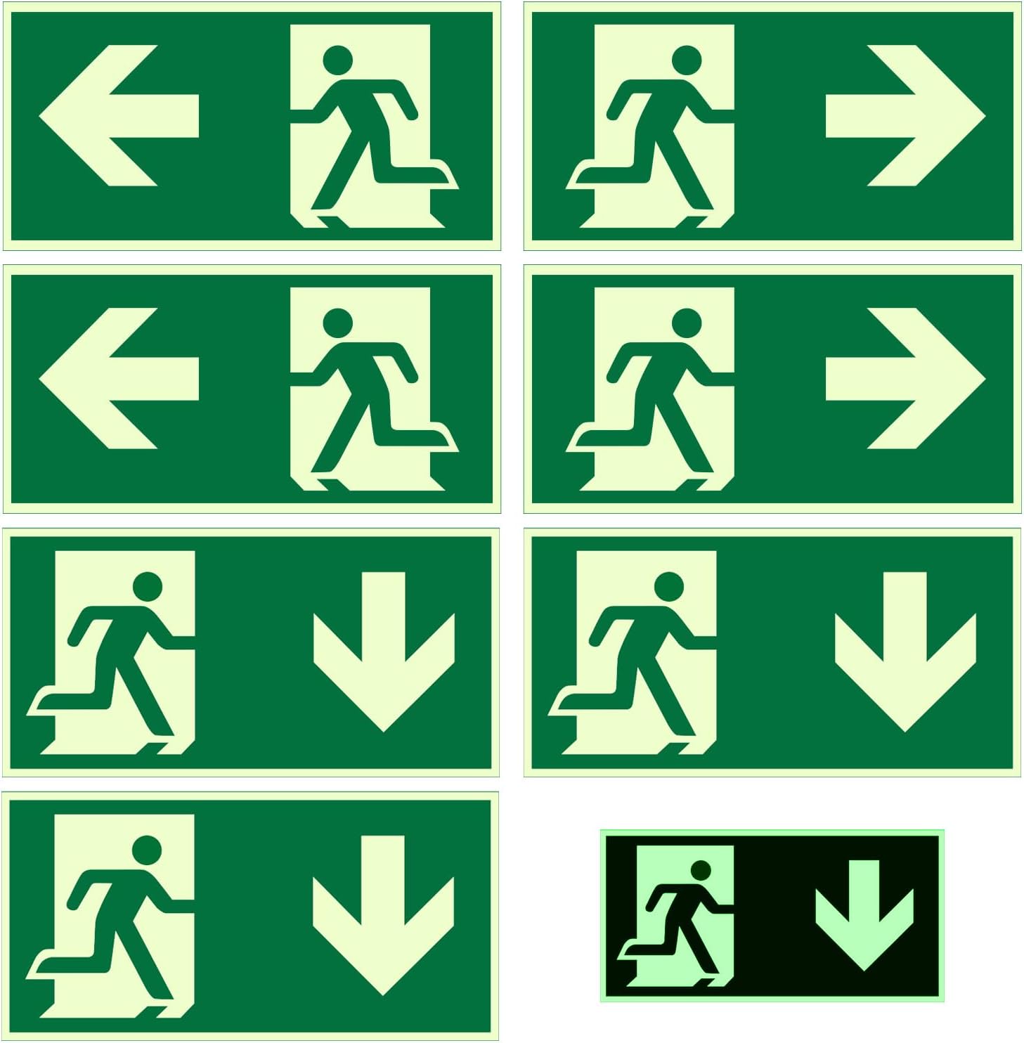 7 Notausgangsschilder 30 X 15 Cm, Nachleuchtend, Selbstklebend 7er-set: 2 Pfeile Links, 2 Rechts Und 3 Nach Unten Selbstklebend Für Fluchtwege In Büro, Hotel Und Schule.